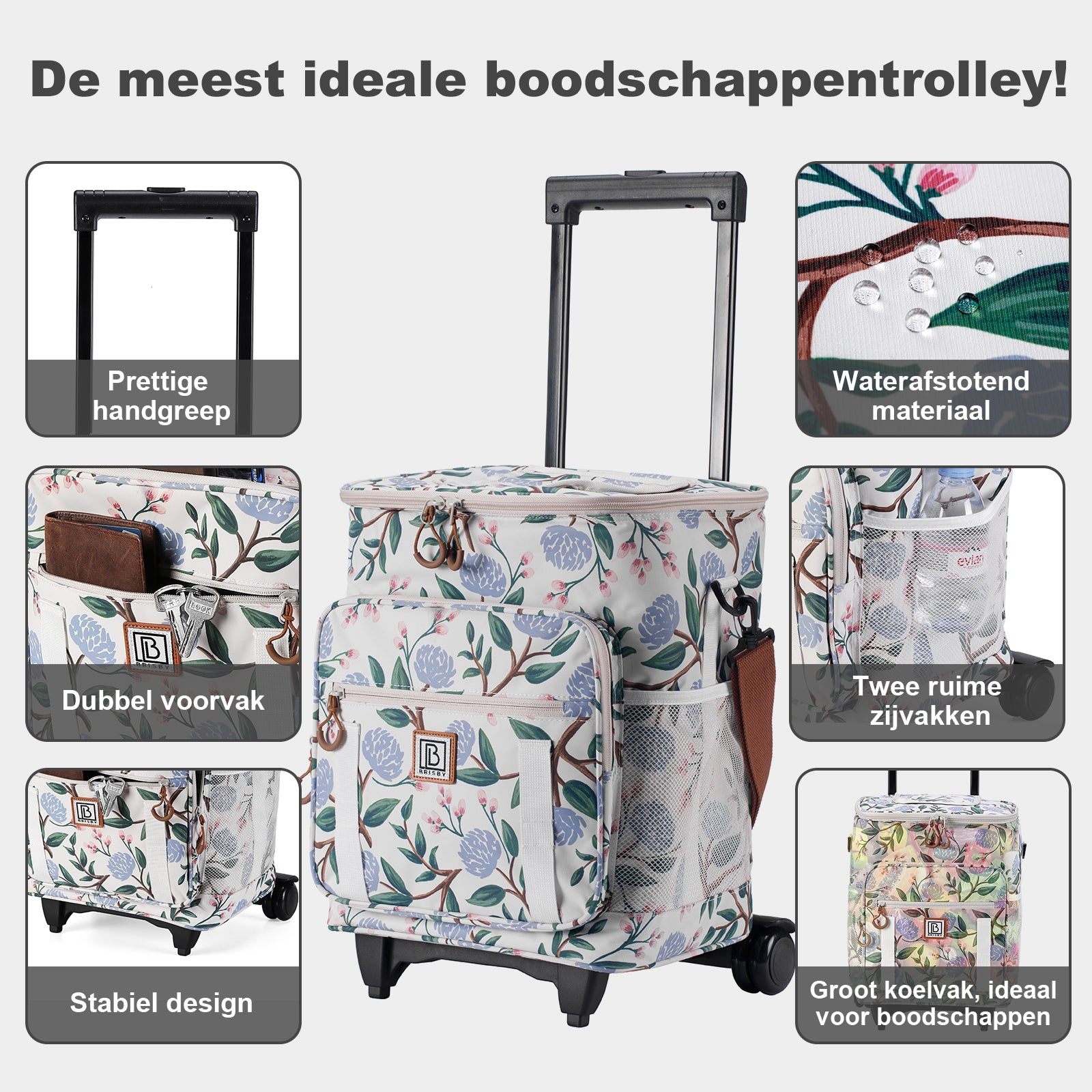 Brisby Boodschappentrolley 32L white flower - incl. koelvak, koelelementen