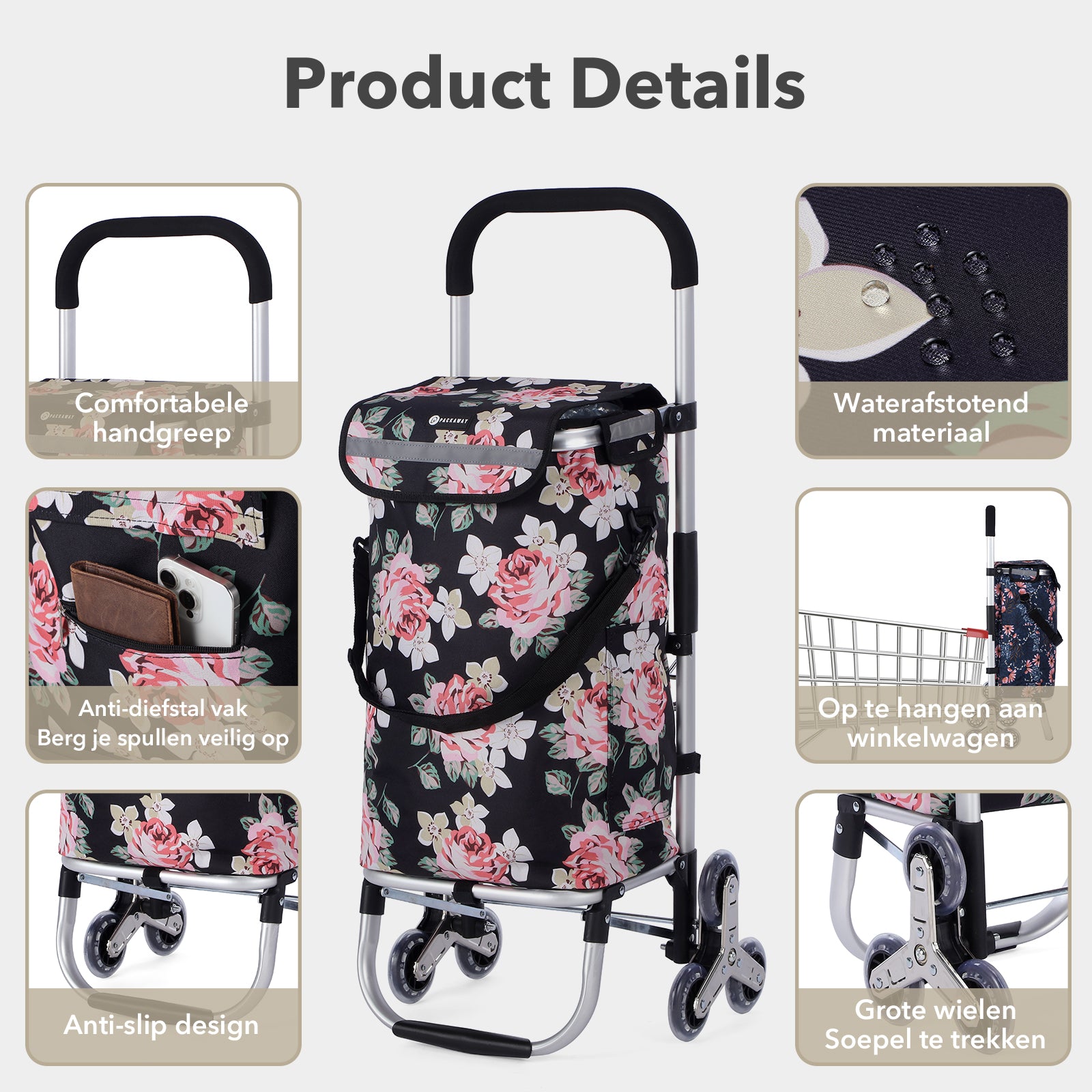 Packaway Boodschappentrolley met Trapwielen 40 Liter - Opvouwbare Boodschappenwagen met ruim Koelvak - Black Flower