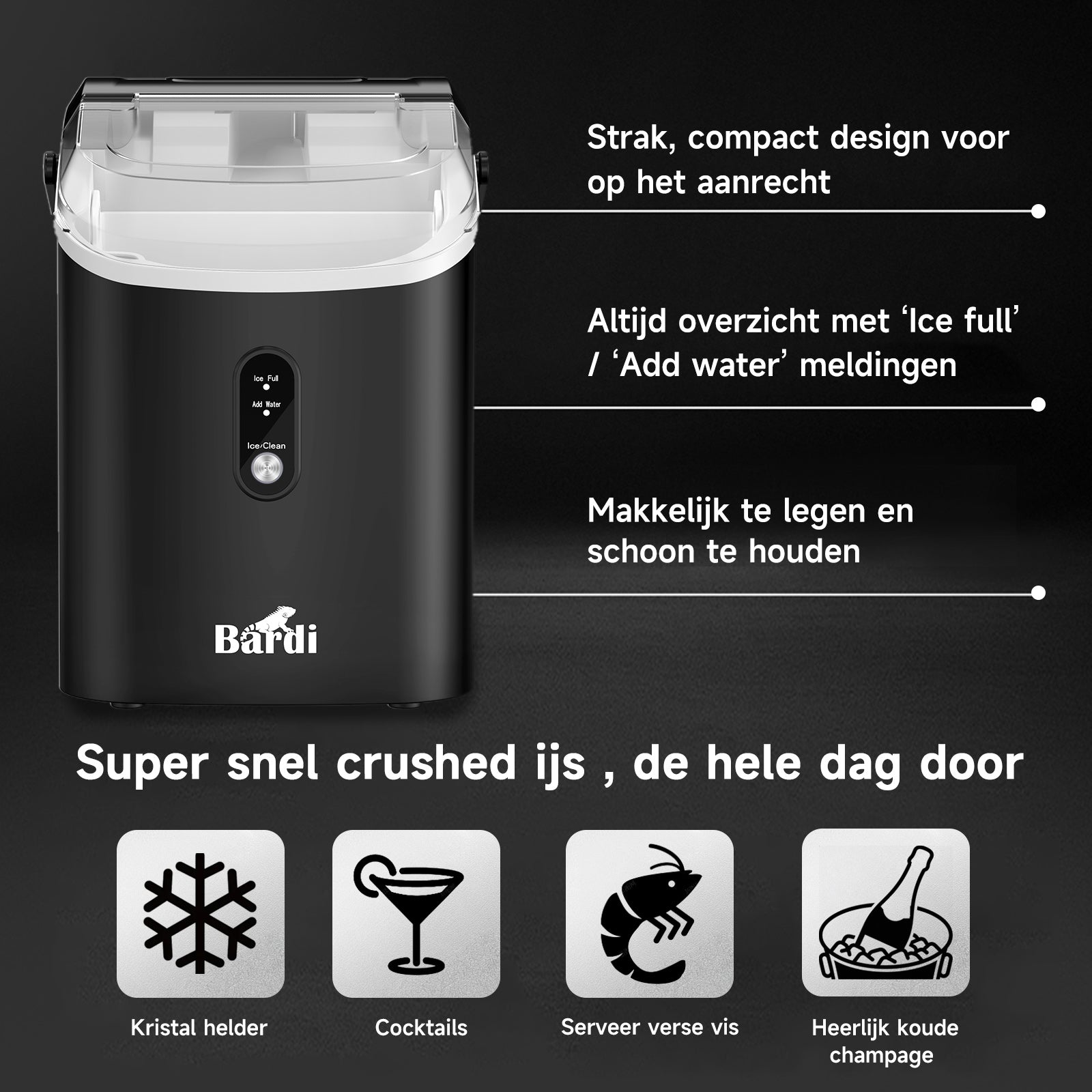 Bardi 1.1L - Nugget IJsblokjesmachine Rond - Crushed Ice Maker met IJsschep - 15kg/24 uur - Ijsblokjesmaker - Met Luxe Thermosbeker - Zwart - Citruspers Zwart