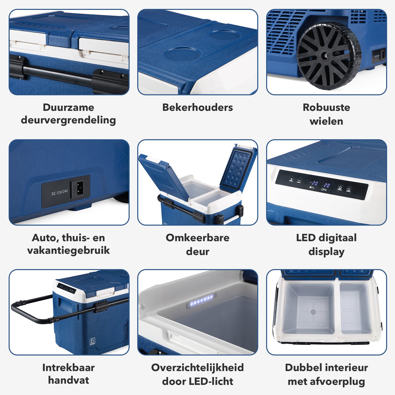 Compressor koelbox 49,1L en 8L koelbox blauw SET - Dual zone - koelen en vriezen - 12V en 230V - verrijdbaar - incl. 2x 1,2L thermosbekers