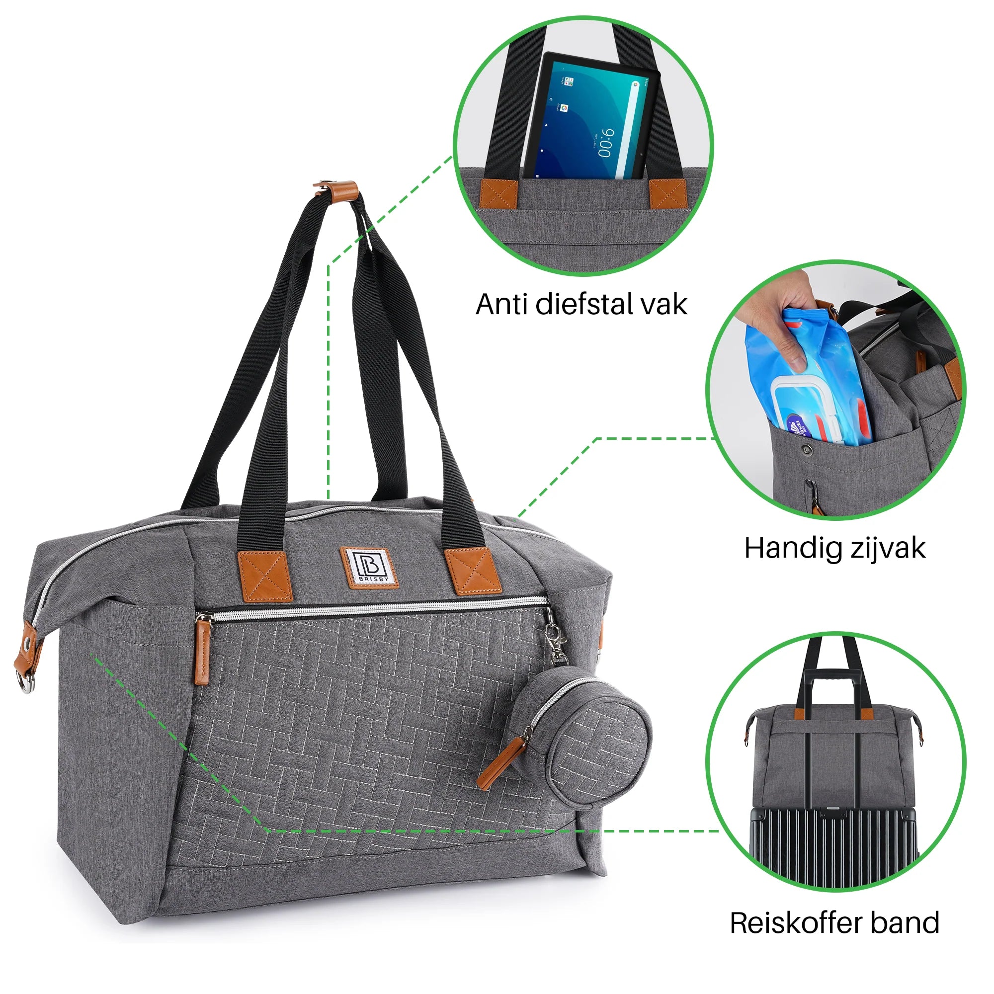 Duffel durable diaper bag gray - large nursing bag - Incl. changing mat, insulated compartments and pacifier holder
