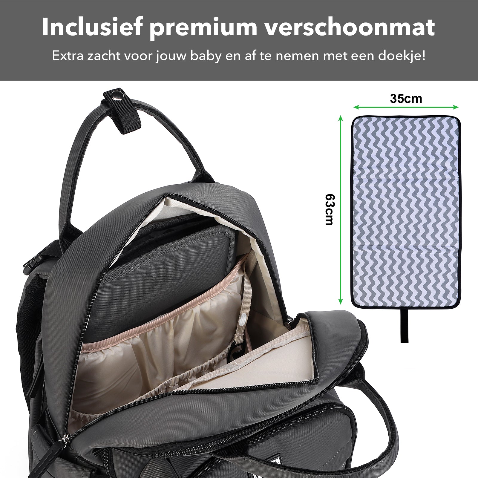 Premium luiertas donkergrijs - uitgebreide en functionele verzorgingstas - met buggymontage - anti diefstal vakken - reistrolley sleeve - incl. verschoonmatje en speenhouder - levenslange garantie