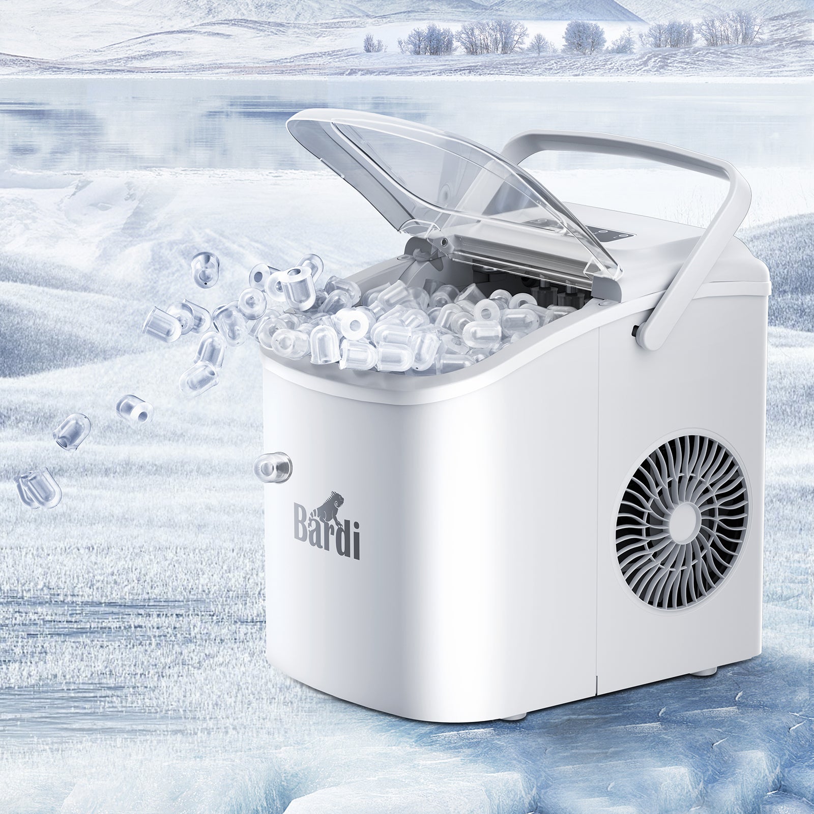 Bardi Deluxe Ice Cube Machine 1.2L white - Self-cleaning function - ice cube maker with ice scoop - Incl. luxury thermos cup and ice scoop