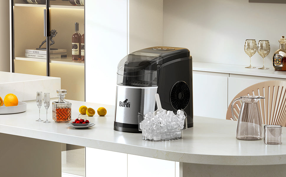 Bardi Deluxe Ice Cube Machine 1.6L black stainless steel - Self-cleaning function - ice cube maker with ice scoop - Incl. luxury thermos cup and ice scoop