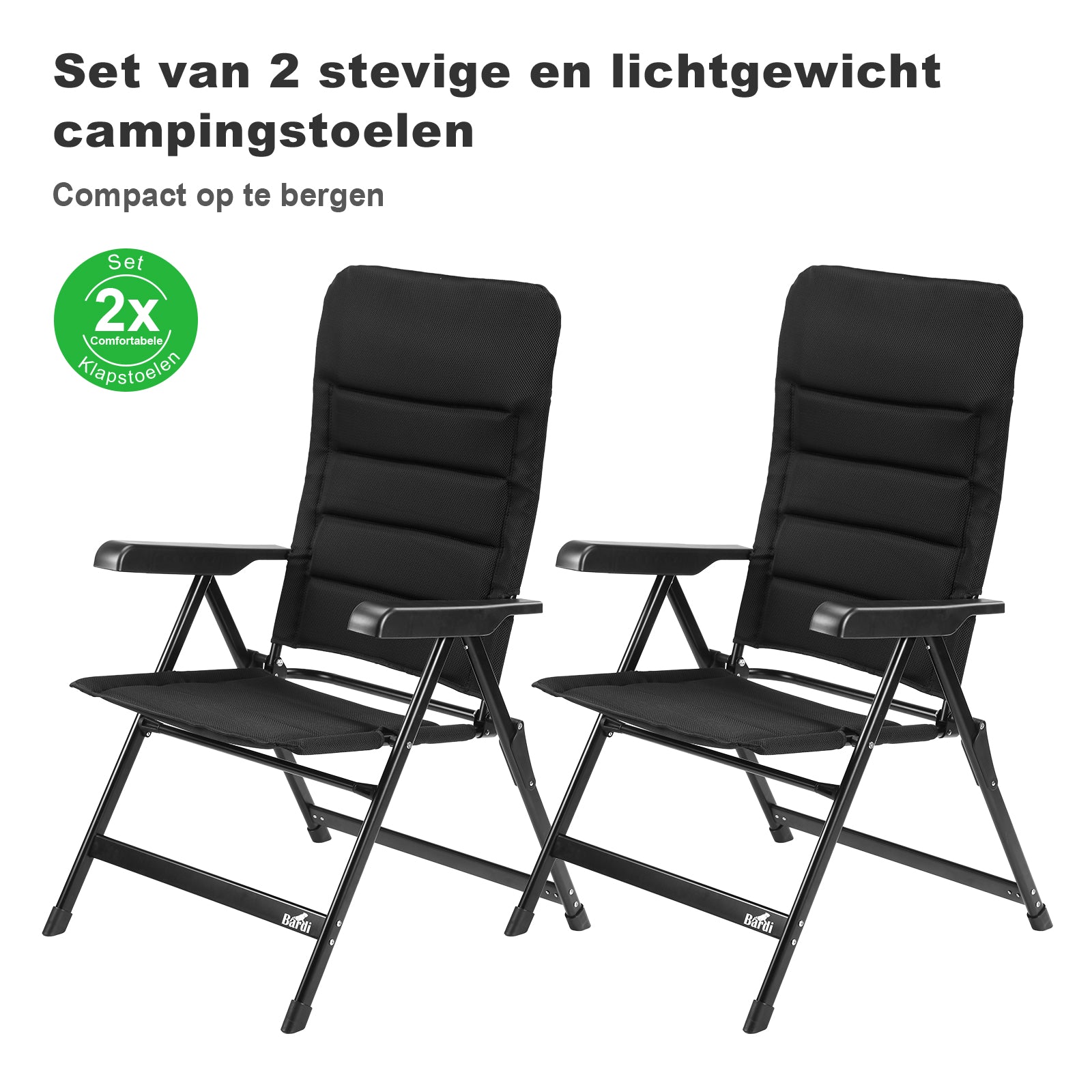 Bardi 2 Stuks Luxe Campingstoelen - 7 standen - Comfortabele Kampeerstoel - 120 kg draagvermogen - Ligstand - Inklapbare stoel - Klapstoel - Lichtgewicht - ZWART
