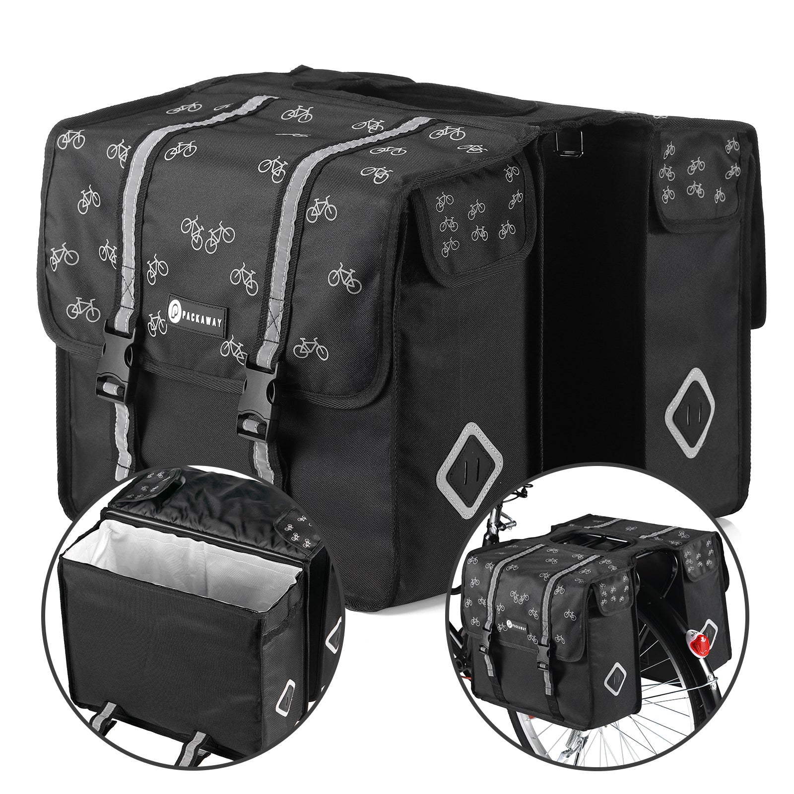 Packaway Double Panniers with Cooler Compartment - Removable Cooler Bag - Waterproof - Bicycle Pattern - 36L - Black
