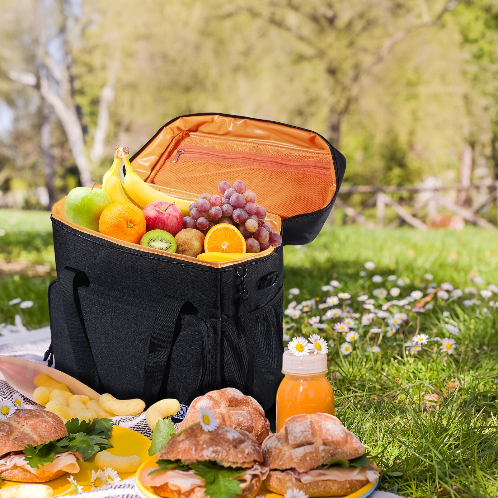 Koeltas 40L zwart-oranje binnenzijde - Lunchtas - 4-laags geïsoleerd - incl. 6 gratis koelelementen en schouderband