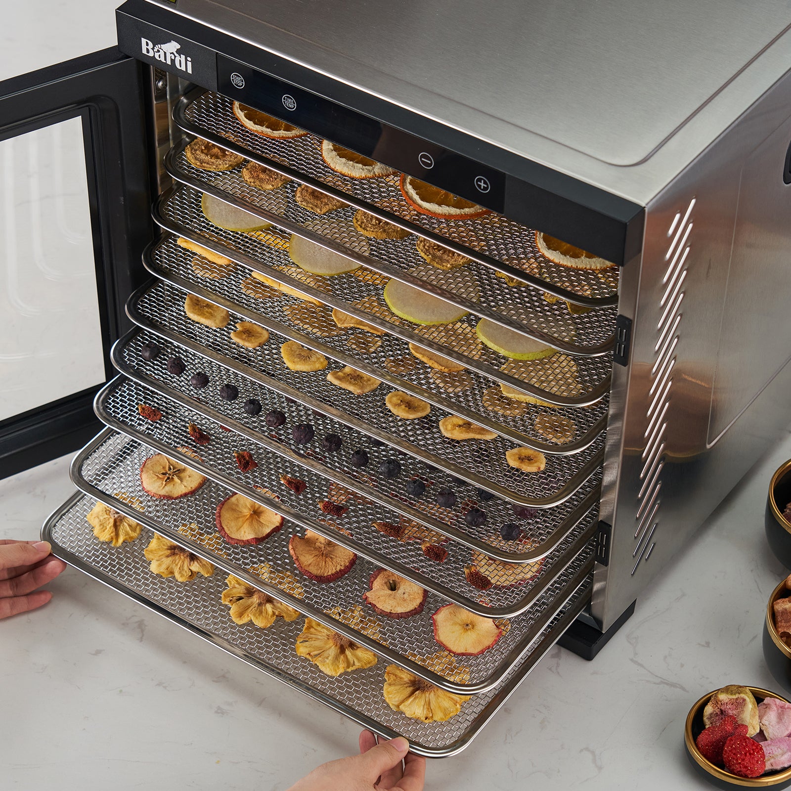 Bardi Voedseldroger 10-laags 1000W RVS - 24-uurs timer - led-bedieningspaneel - incl. 10 inlegvellen en voedseltang
