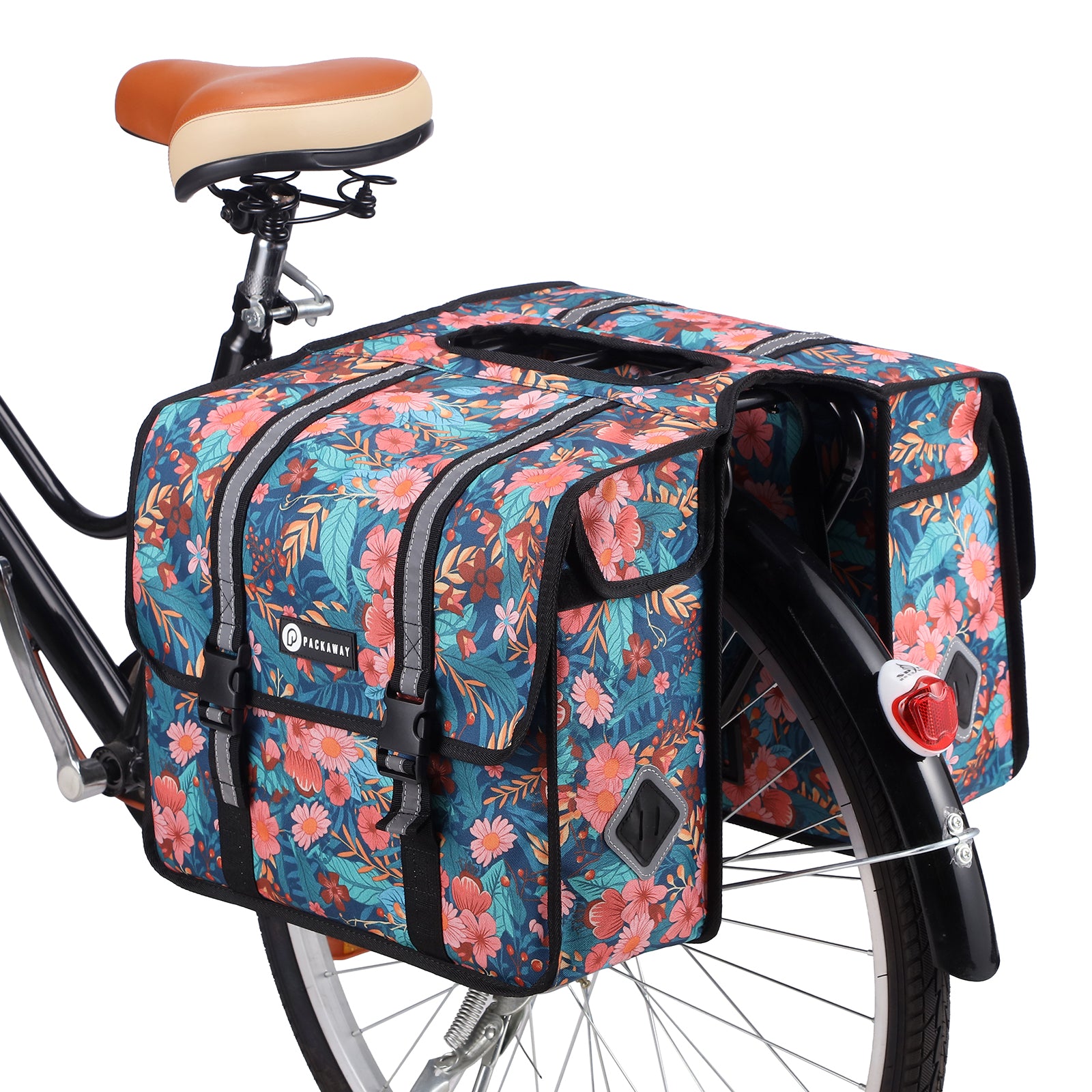 Packaway dubbele fietstas achterop 36 liter waterafstotend met reflectie Wild Garden