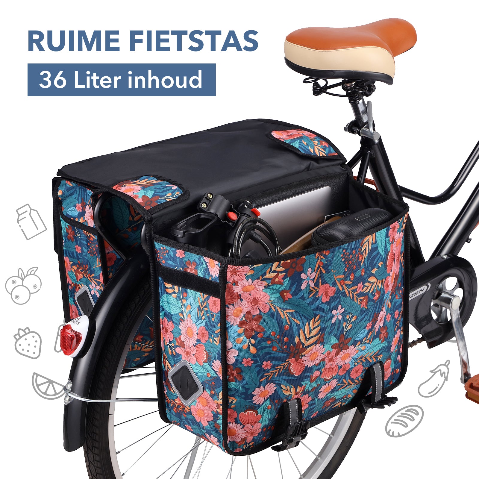 Packaway Dubbele Fietstassen 36L Wild Garden - waterdicht - reflectie