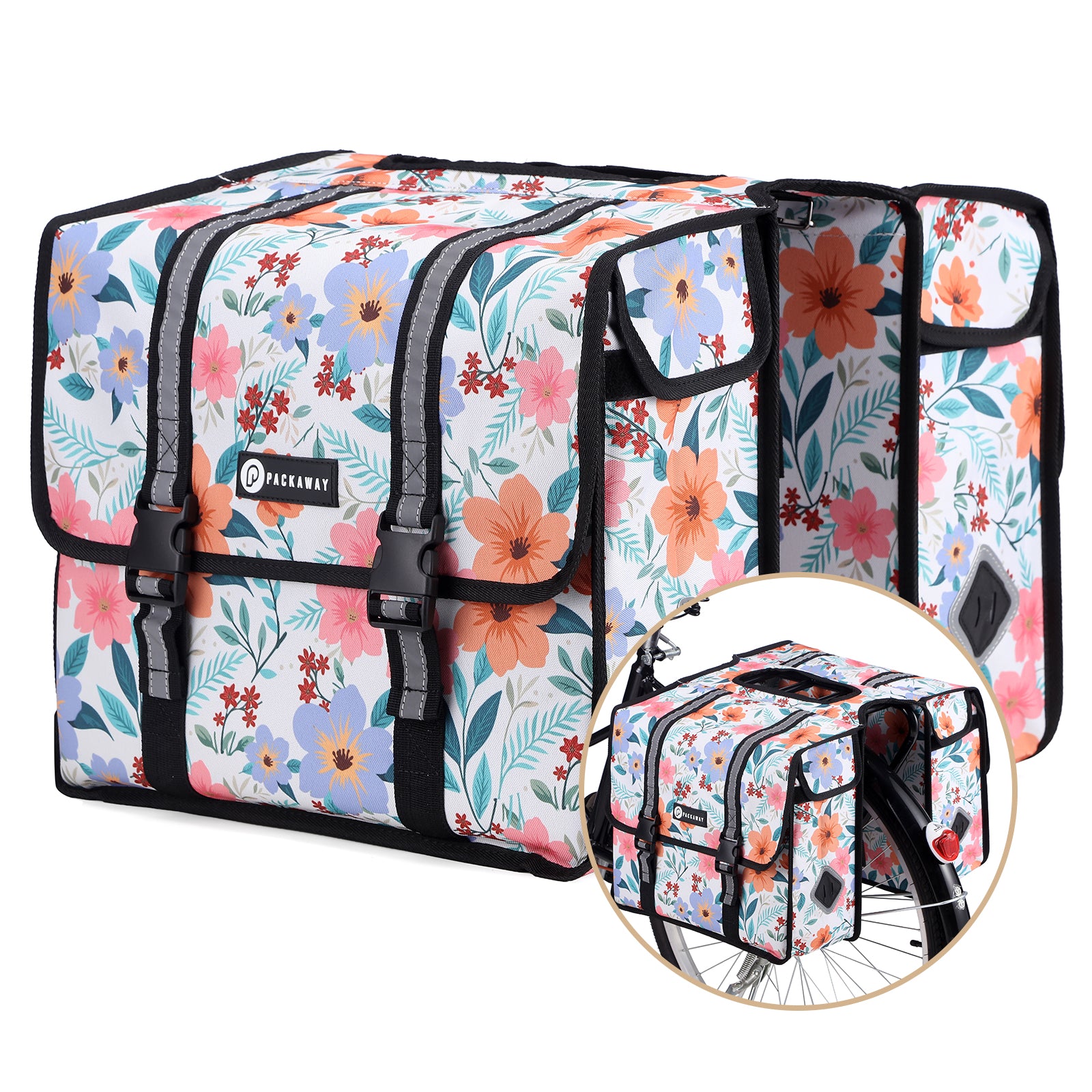 Packaway dubbele fietstas 36 liter waterafstotend met reflectie Pastel Blossom