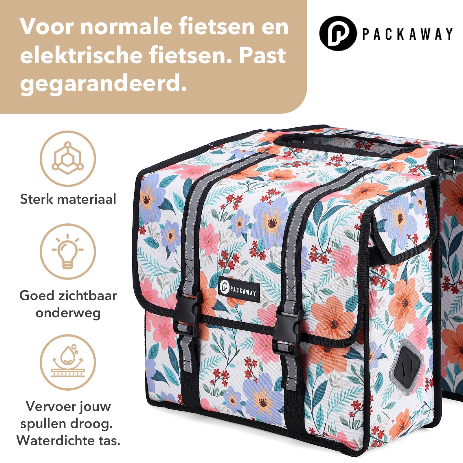 Packaway dubbele fietstas 36 liter waterafstotend met reflectie Pastel Blossom