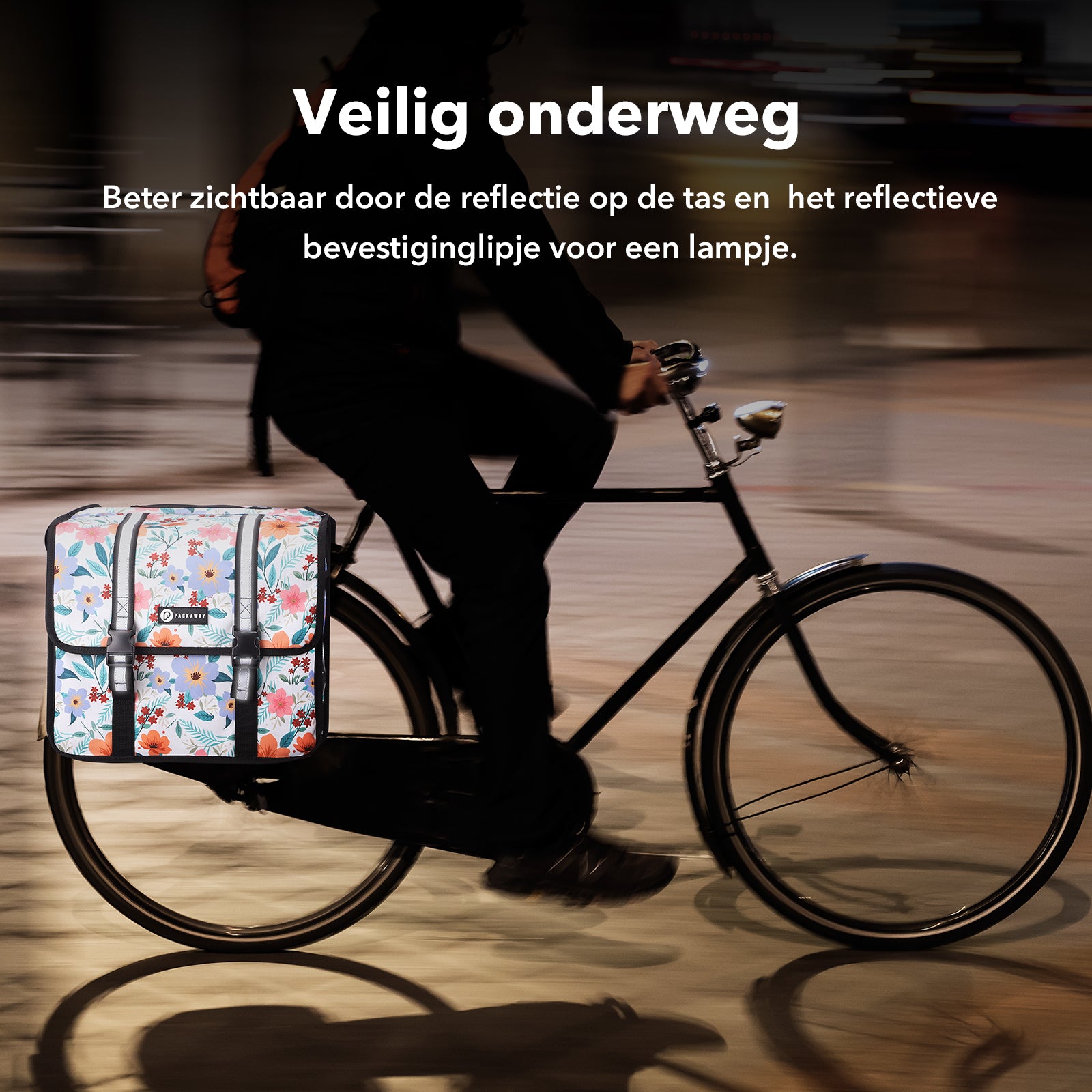 Packaway dubbele fietstas 36 liter waterafstotend met reflectie Pastel Blossom