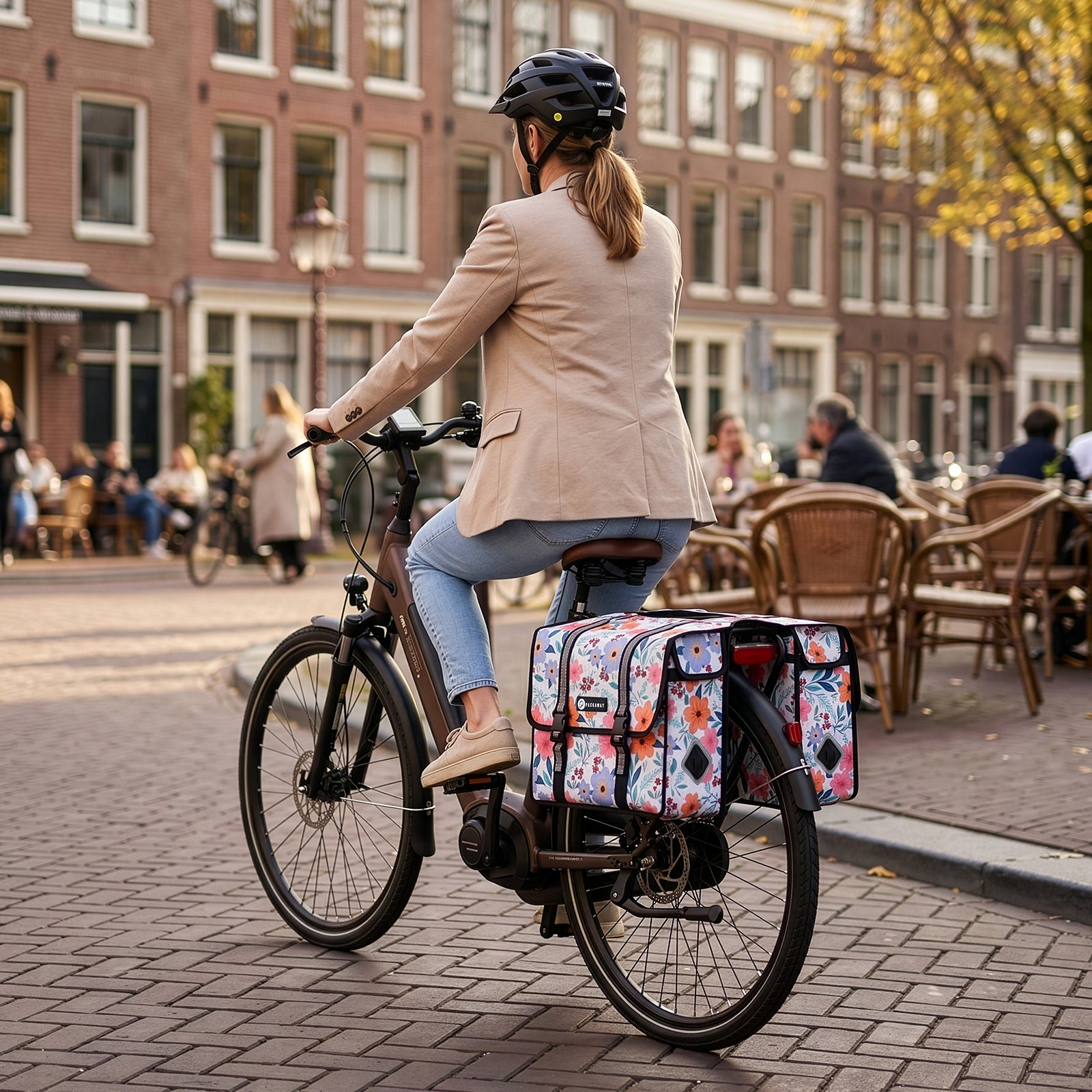 Packaway dubbele fietstas 36 liter waterafstotend met reflectie Pastel Blossom