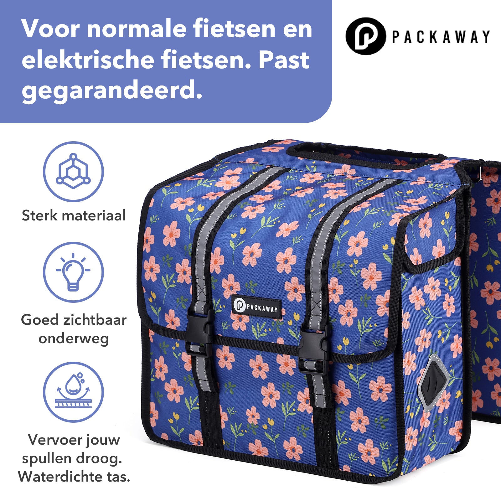 Packaway dubbele fietstas voor bagagedrager 36 liter waterafstotend afneembaar met reflectie Blue Blossom