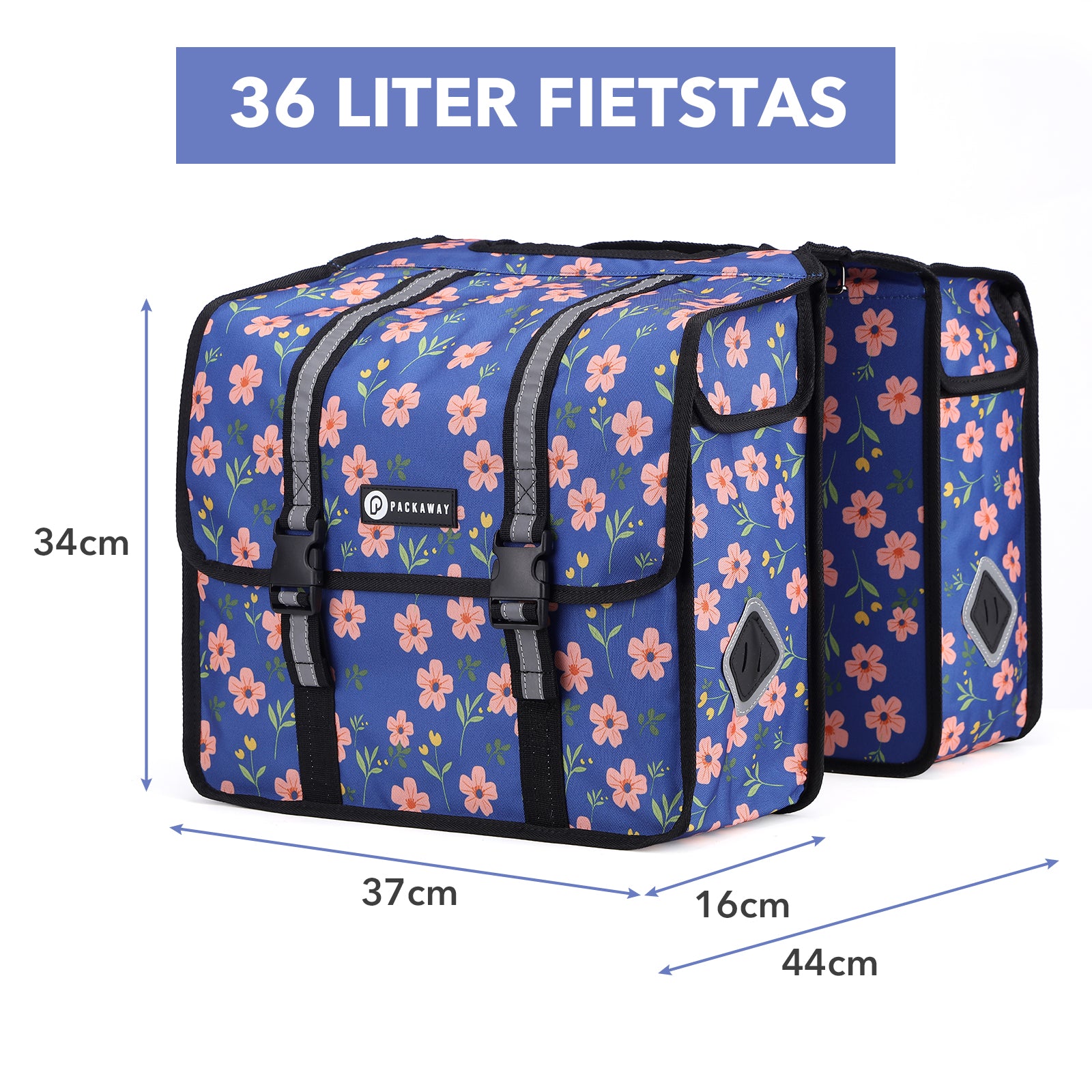 Packaway Dubbele Fietstassen 36L Blue Blossom - waterdicht - reflectie - afneembaar
