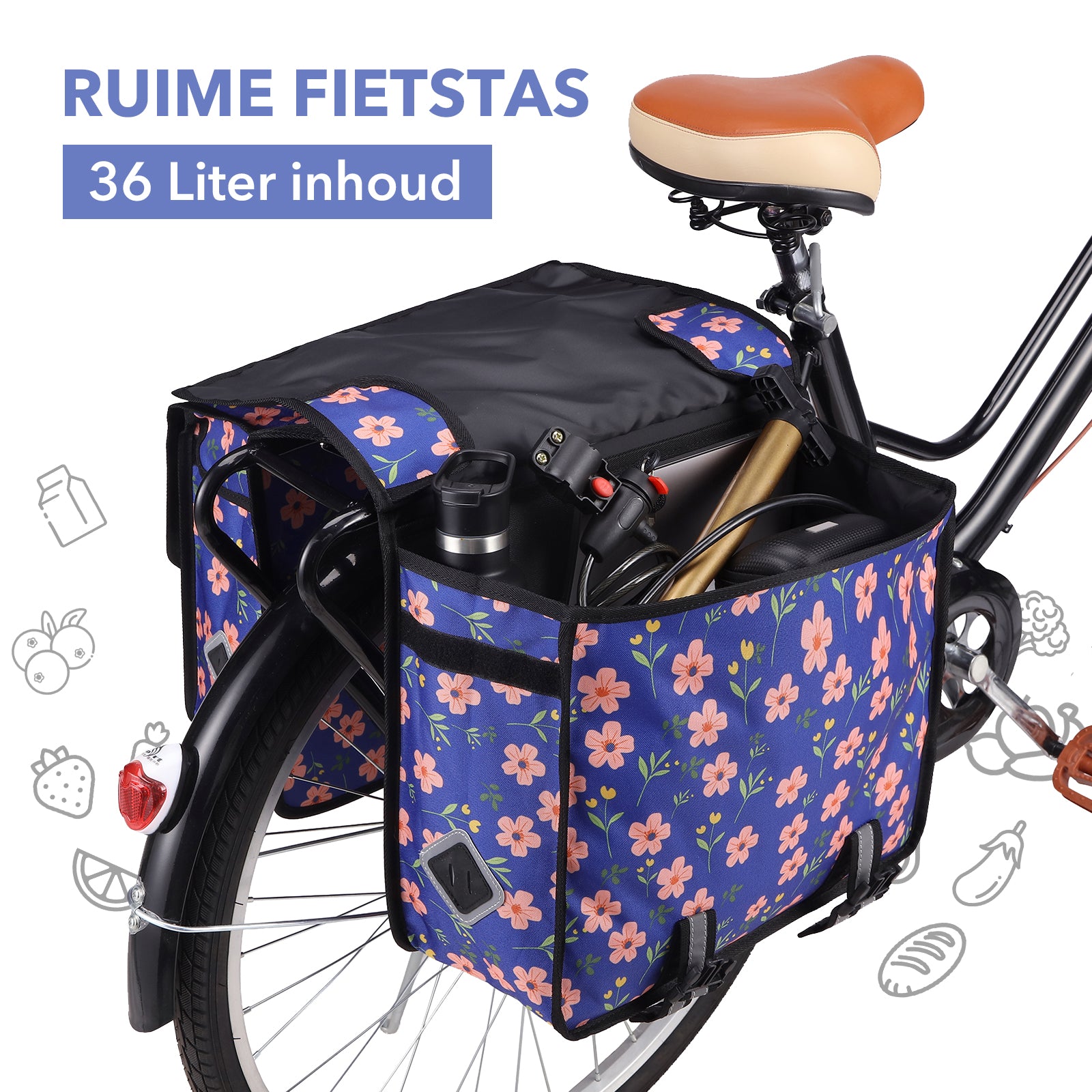 Packaway dubbele fietstas voor bagagedrager 36 liter waterafstotend afneembaar met reflectie Blue Blossom