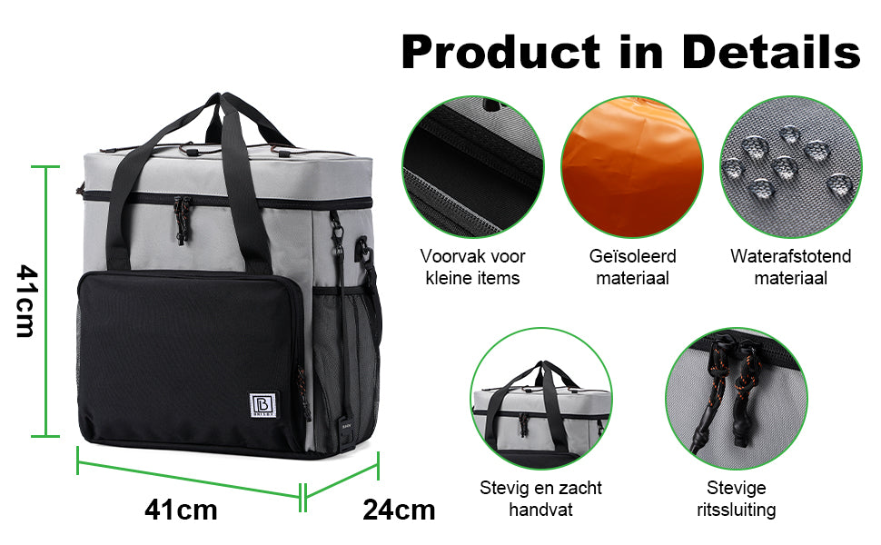Koeltas 40L zwart/grijs met oranje binnenzijde - Lunchtas - 4-laags geïsoleerd - incl. 6 gratis koelelementen en schouderband