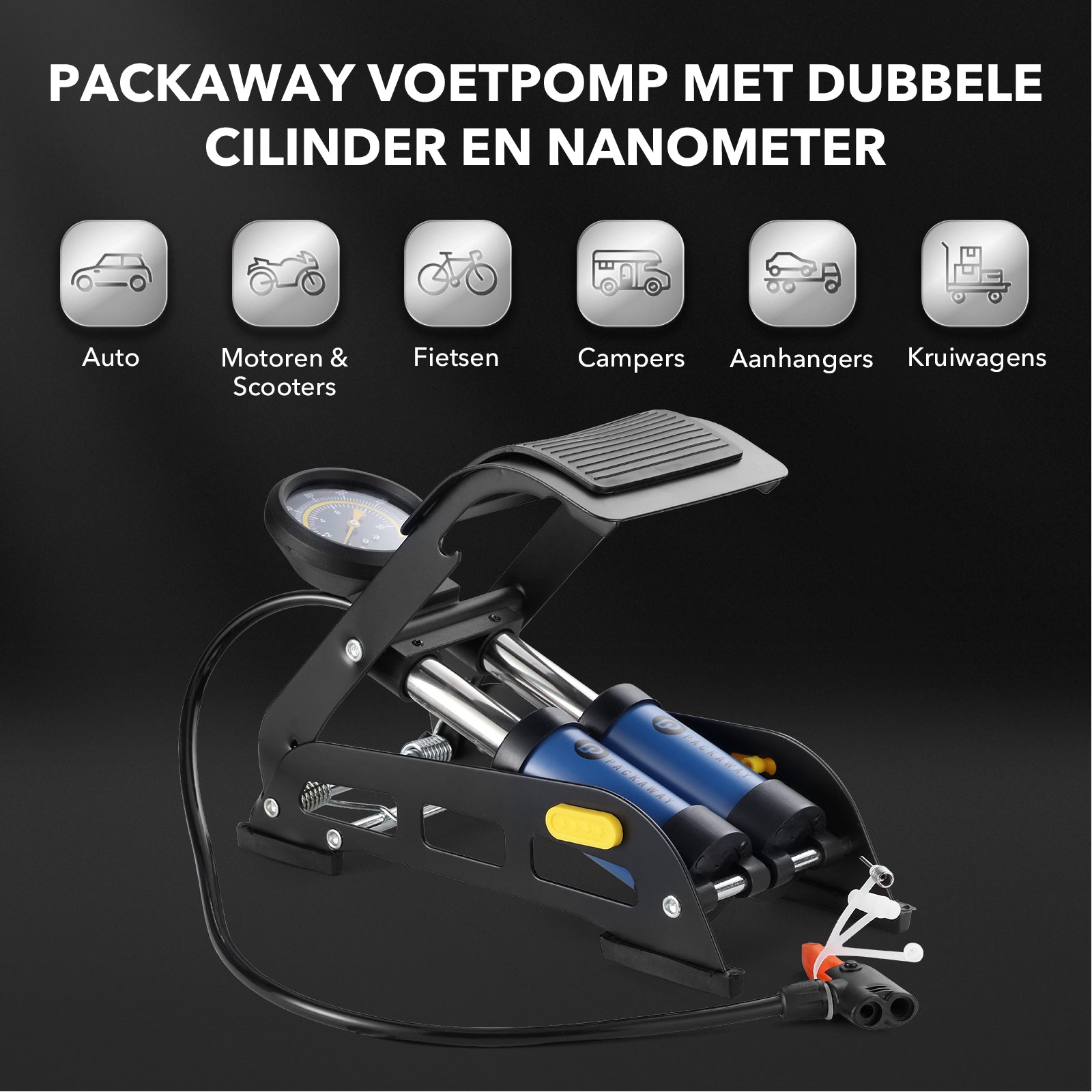 Packaway voetpomp dubbel cilinder met manometer - 8 bar - Presta en Schrader