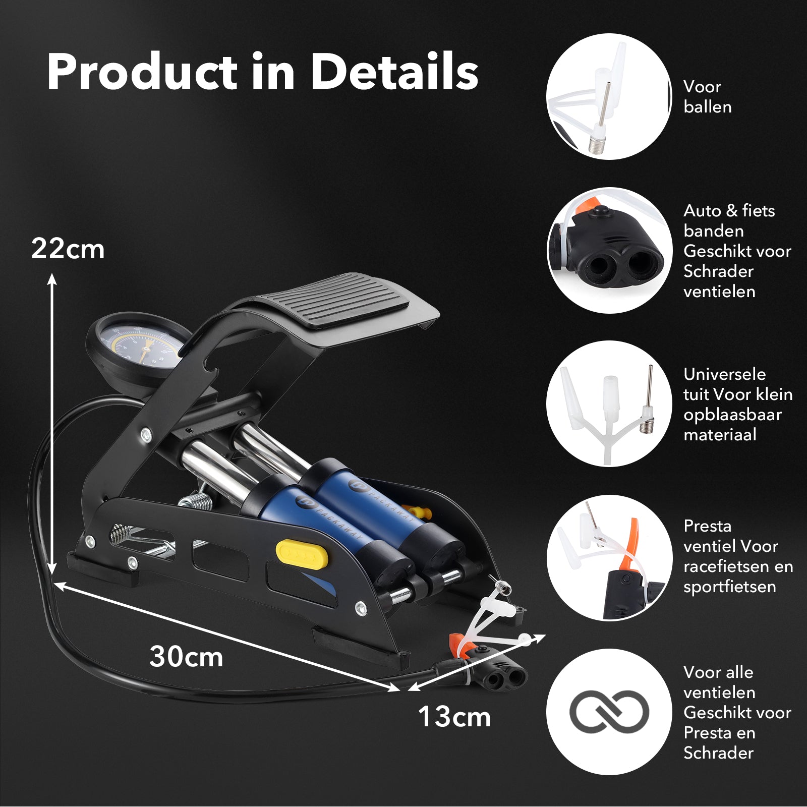 Packaway voetpomp dubbel cilinder met manometer - 8 bar - Presta en Schrader