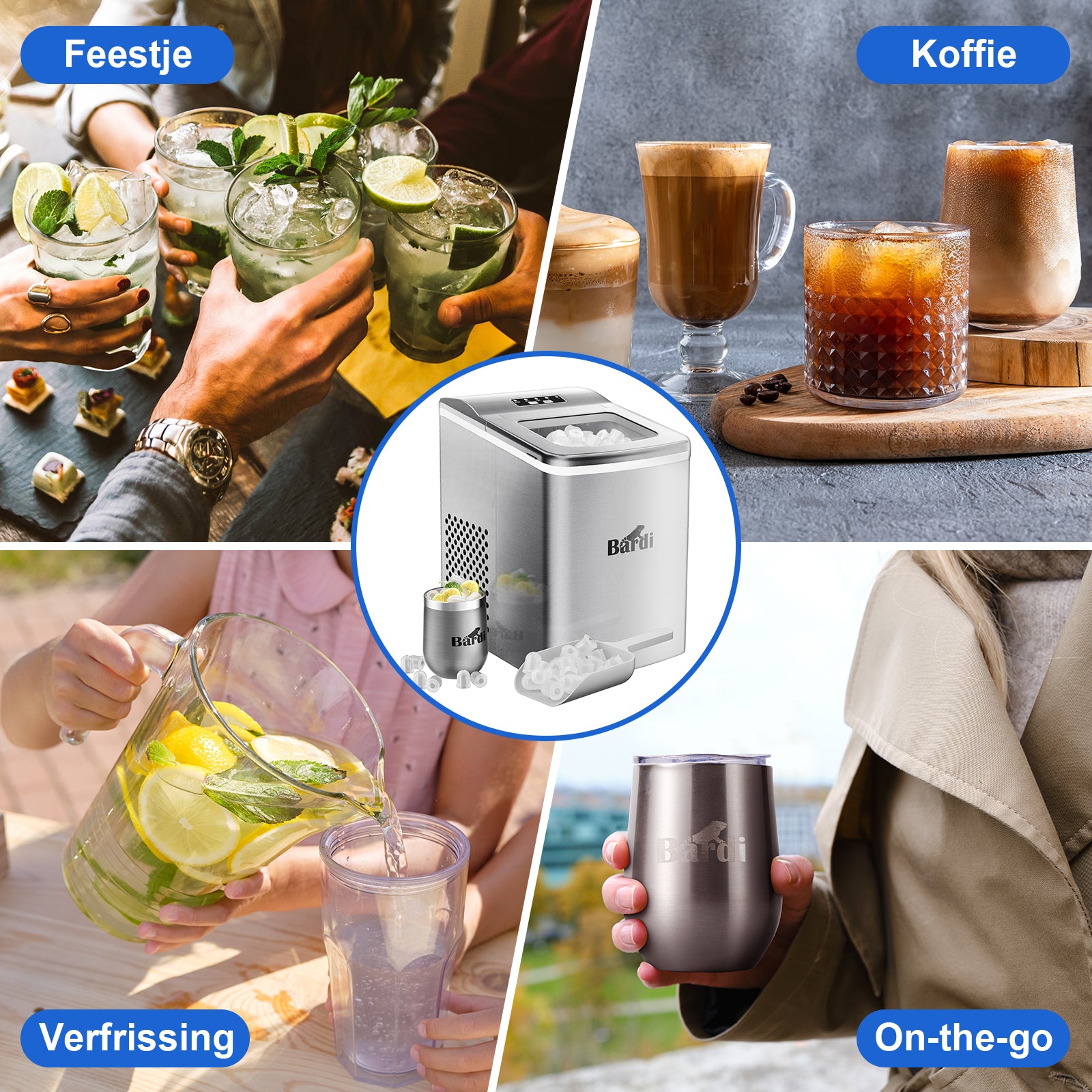 Bardi Deluxe Ice Cube Machine 2L Stainless Steel - Self-cleaning function - Ice cube maker with ice scoop - Incl. luxury thermos cup and ice scoop