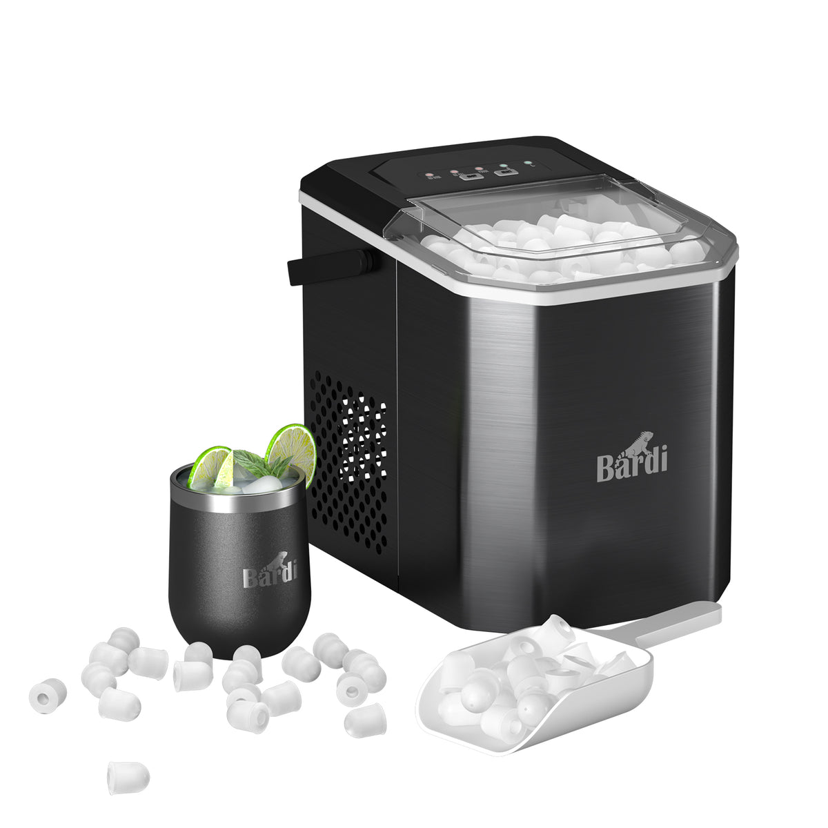 Bardi 1.3L Deluxe IJsblokjesmachine Square – IJsblokmaker Inclusief Luxe Thermosbeker en IJsschep – 9 Blokjes in 8 Minuten – RVS