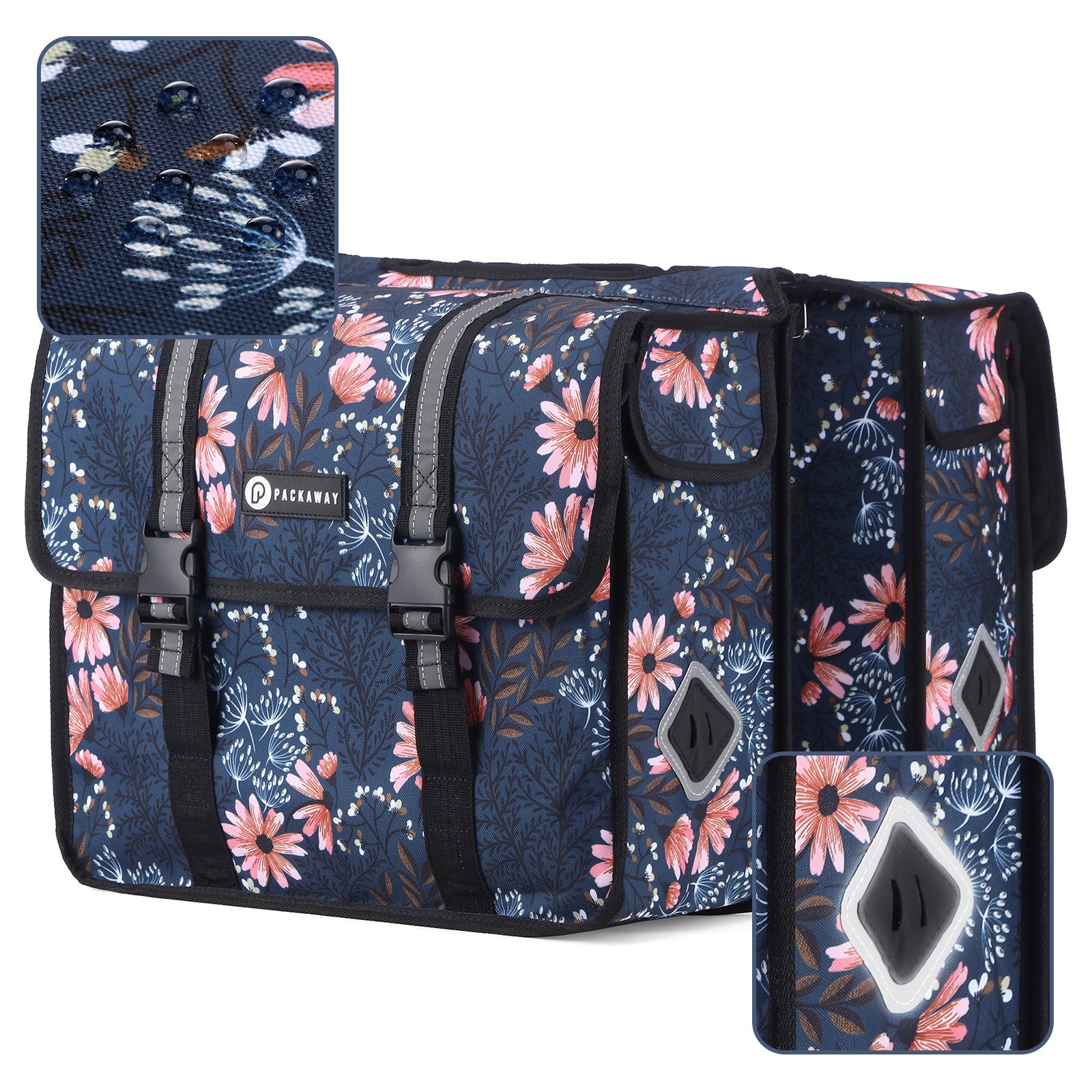 Packaway Dubbele Fietstassen 36L Japanese Flower - waterdicht - reflectie