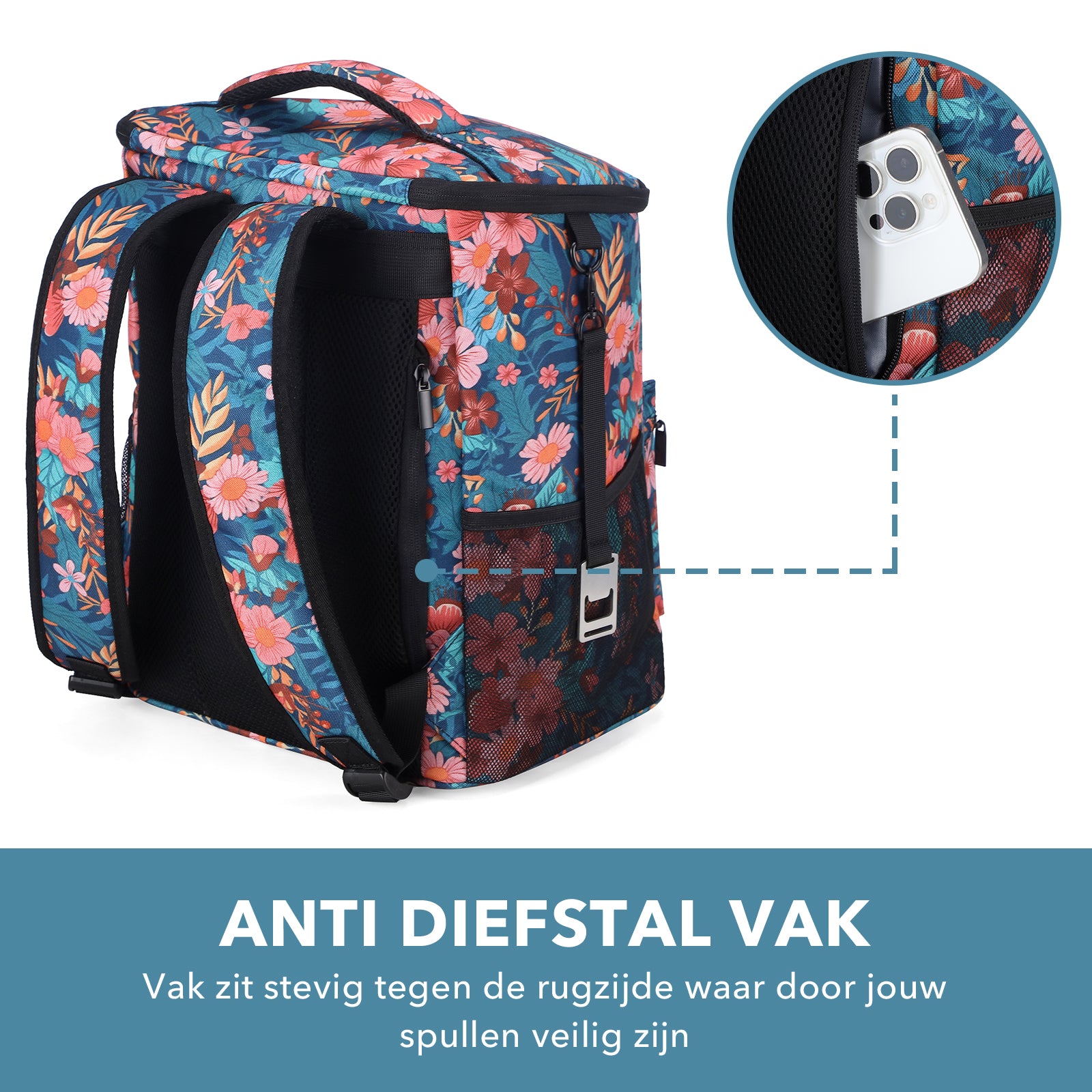 Packaway koeltas rugzak 25 liter met 2 koelelementen en flessenopener waterafstotend anti diefstal vak 4 laags isolatie Wild Garden