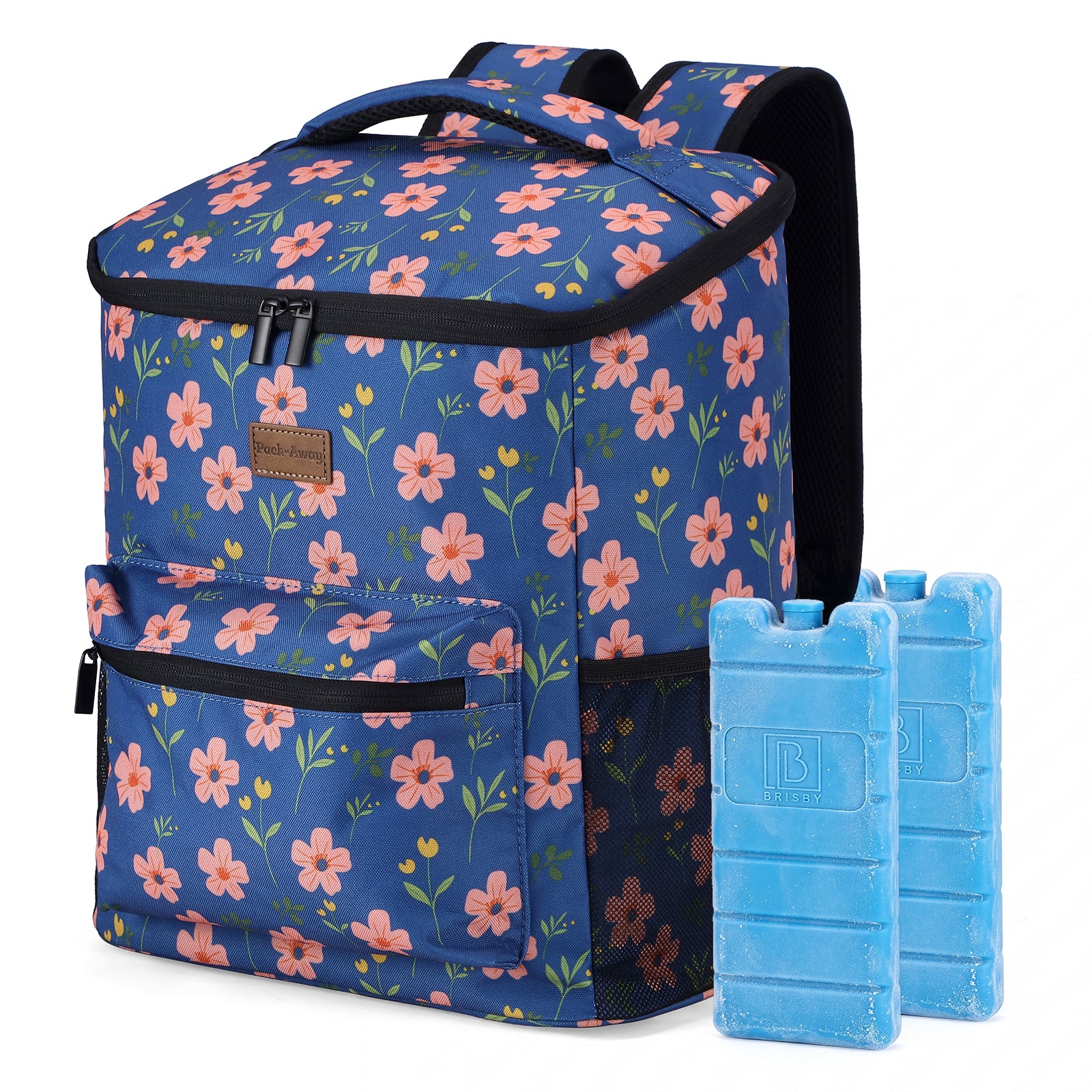 Packaway koeltas rugzak 25 liter met 2 koelelementen en flessenopener - waterafstotend - antidiefstal vak - 4 laags isolatie - Blue Blossom
