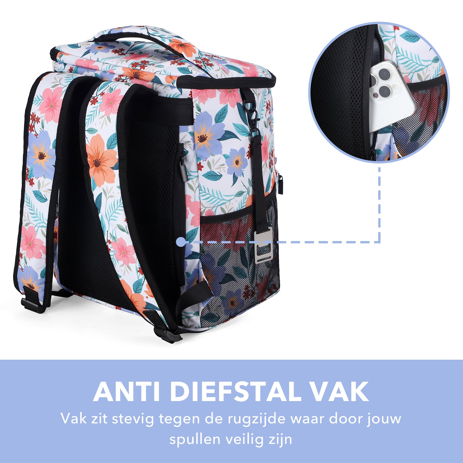 Packaway koeltas rugzak 25 L met 2 koelelementen en flessenopener - waterafstotend - anti diefstal vak - Pastel Blossom