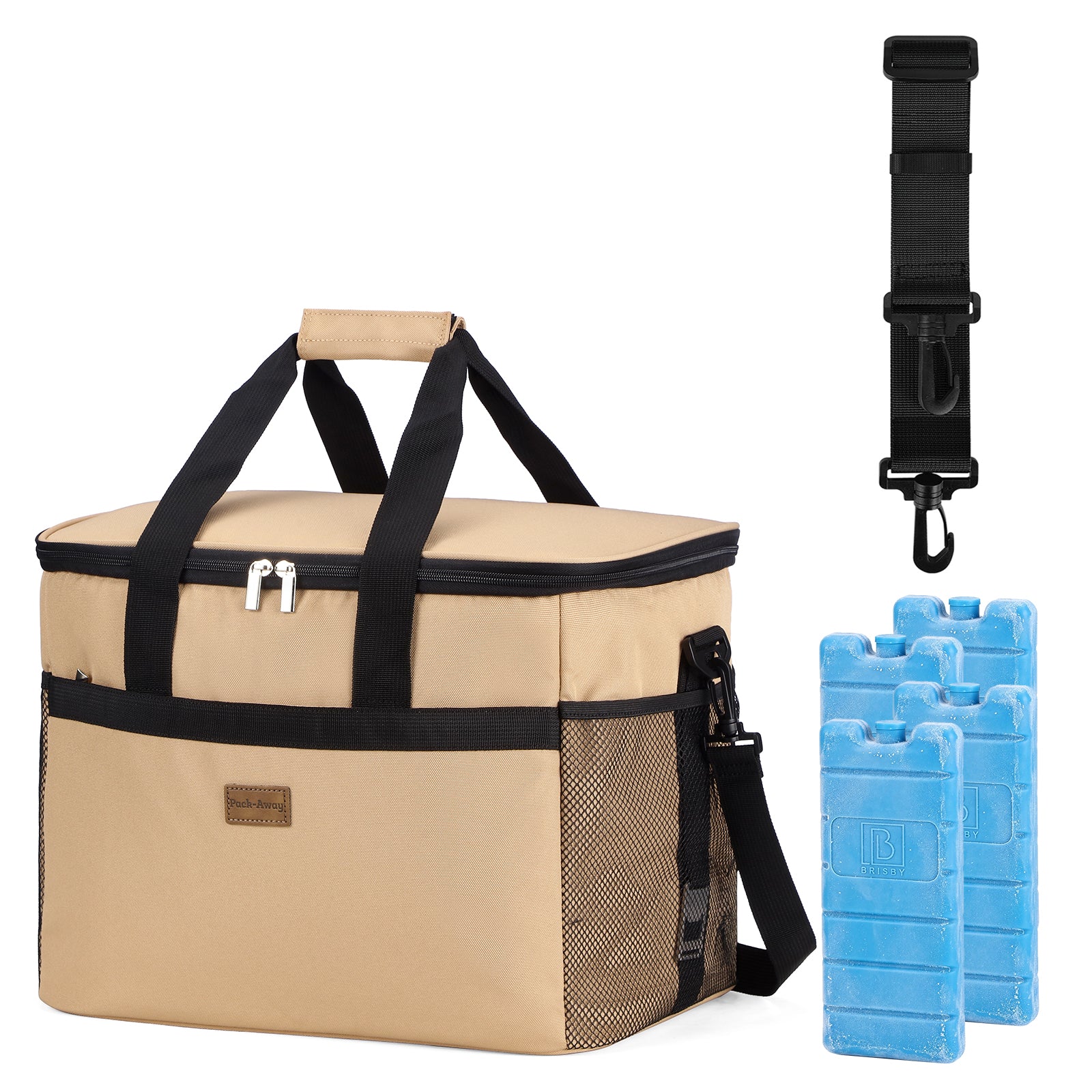 Packaway geïsoleerde lunchtas en koeltas 30 liter beige met 4 koelelementen