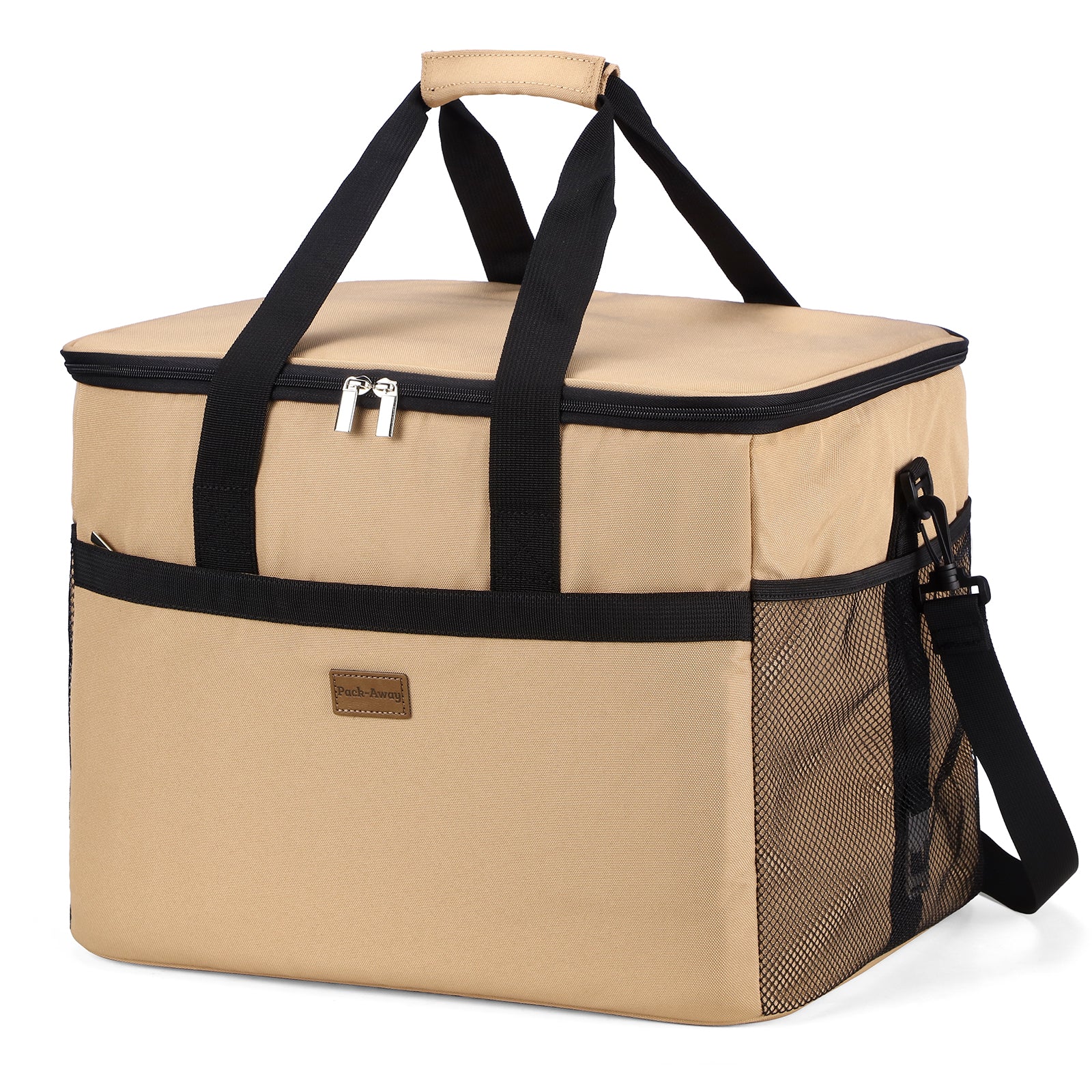 Packaway geïsoleerde koeltas 40 liter beige opvouwbare lunchtas met schouderband en 6 koelelementen