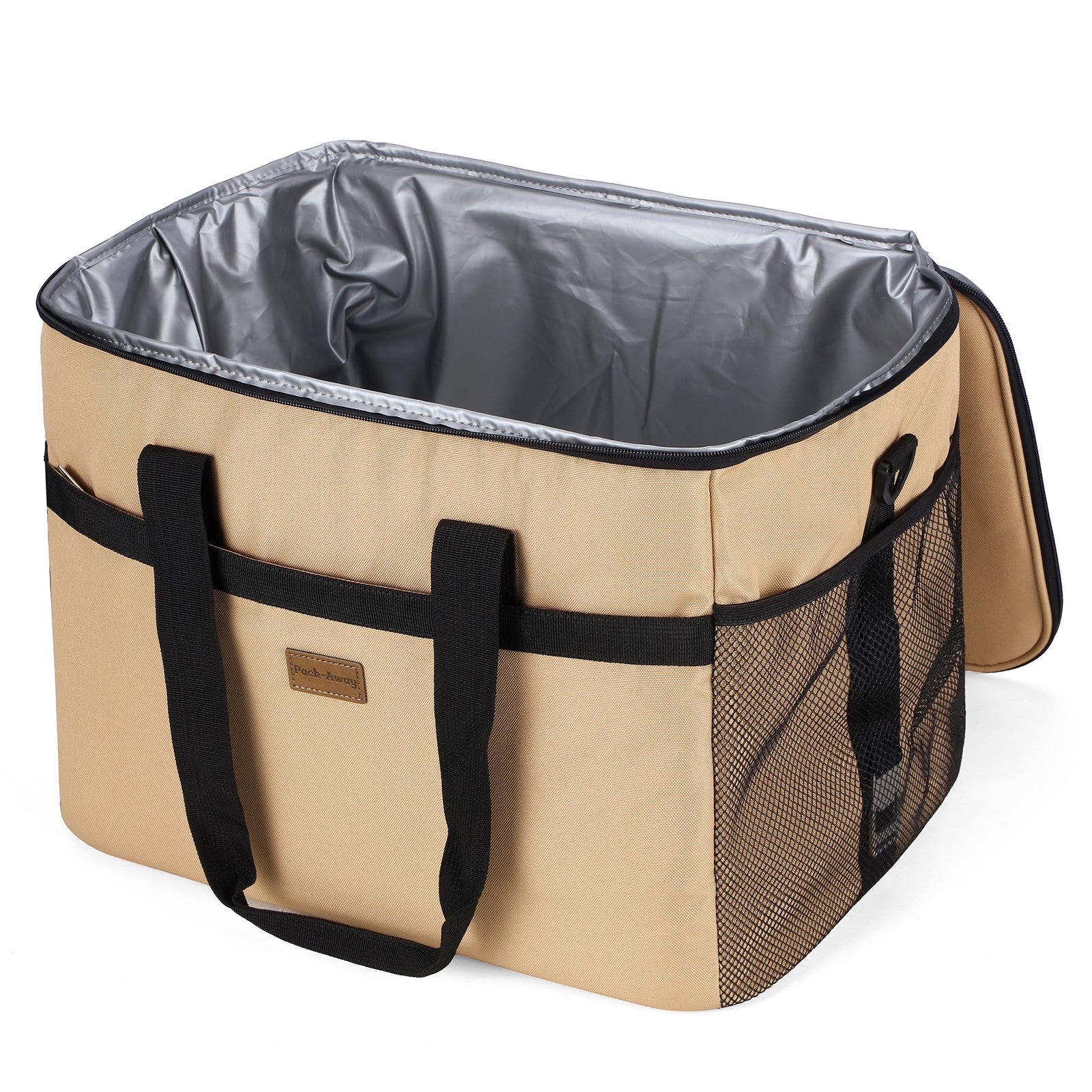 Packaway geïsoleerde koeltas 40 liter beige opvouwbare lunchtas met schouderband en 6 koelelementen