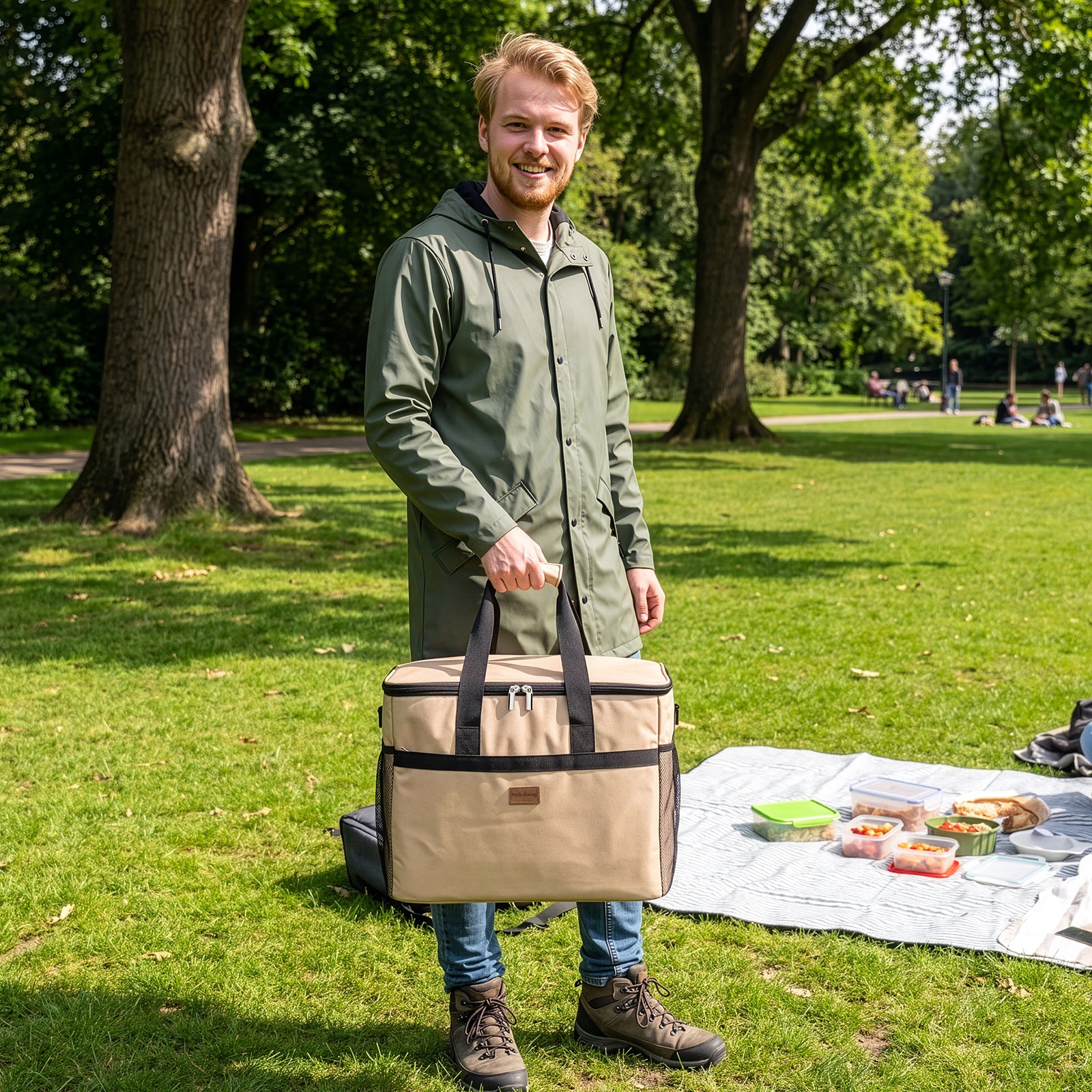 Packaway geïsoleerde koeltas 40 liter beige opvouwbare lunchtas met schouderband en 6 koelelementen
