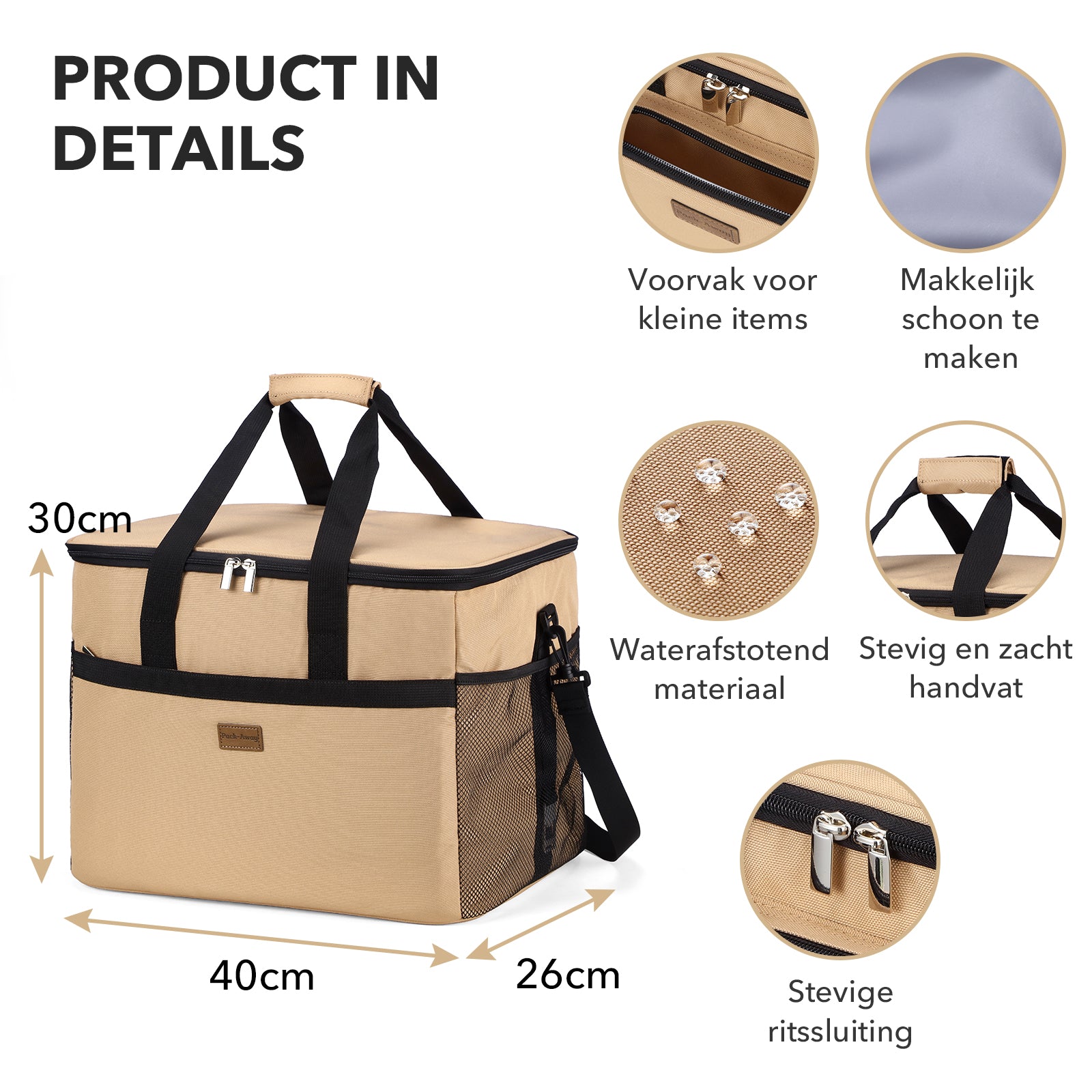 Packaway geïsoleerde koeltas 40 liter beige opvouwbare lunchtas met schouderband en 6 koelelementen