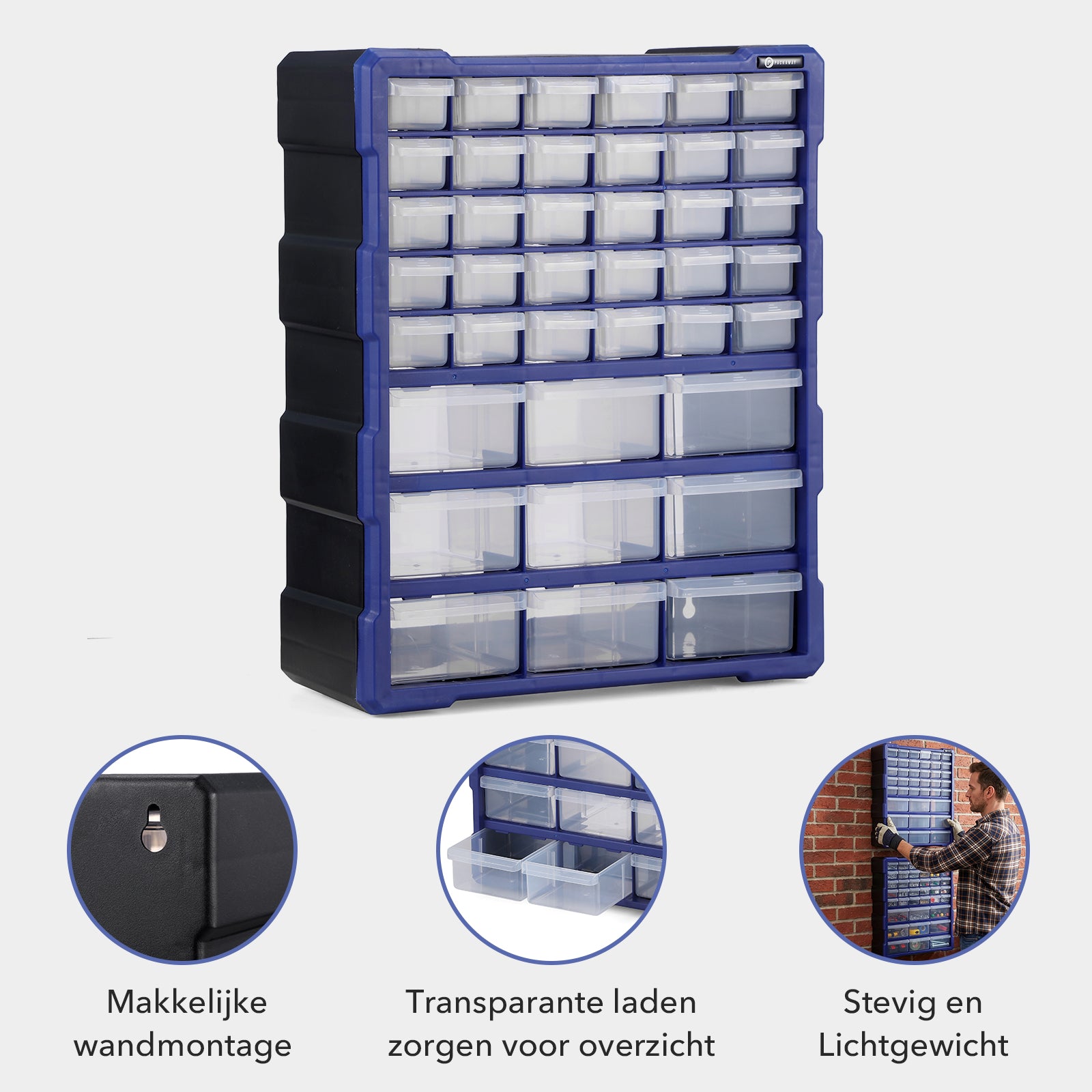 Packaway ladenkast met 39 laden, assortimentskast en opbergsysteem, blauw en zwart