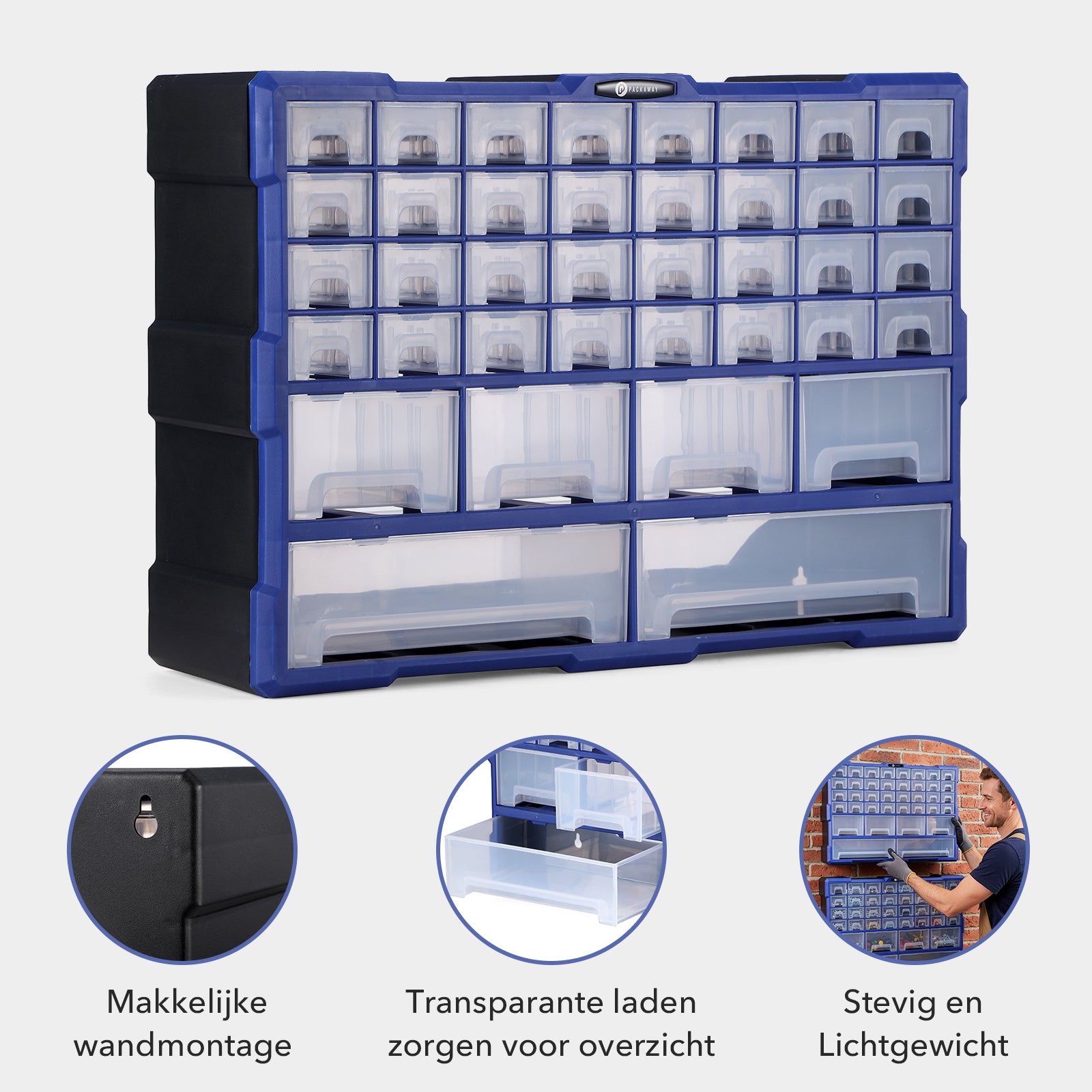 Packaway ladenkast met 38 laden - assortimentskast en opbergsysteem - blauw en zwart
