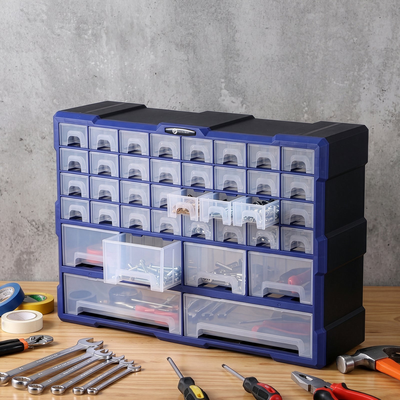Packaway ladenkast met 38 laden - assortimentskast en opbergsysteem - blauw en zwart