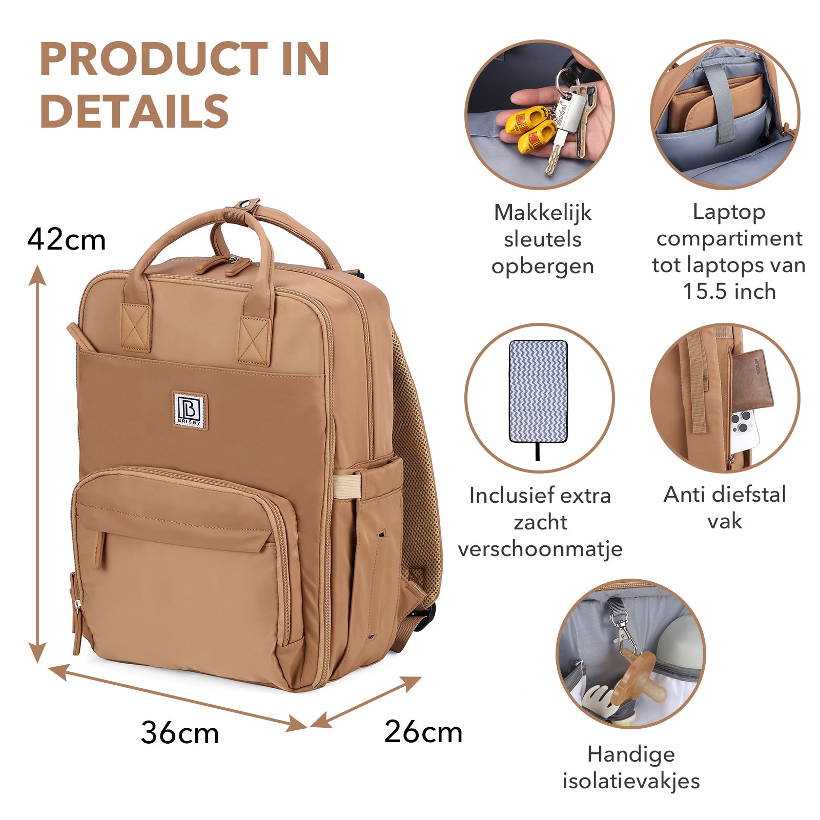 Brisby slijtvaste Luiertas – verzorgingstas – met buggymontage - True Terracotta