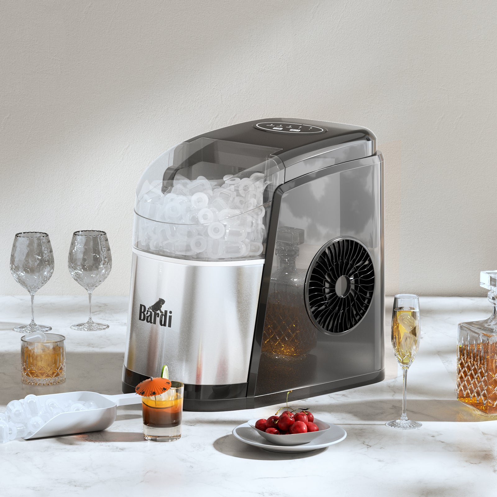 Bardi Deluxe Ice Cube Machine 1.6L black stainless steel - Self-cleaning function - ice cube maker with ice scoop - Incl. luxury thermos cup and ice scoop