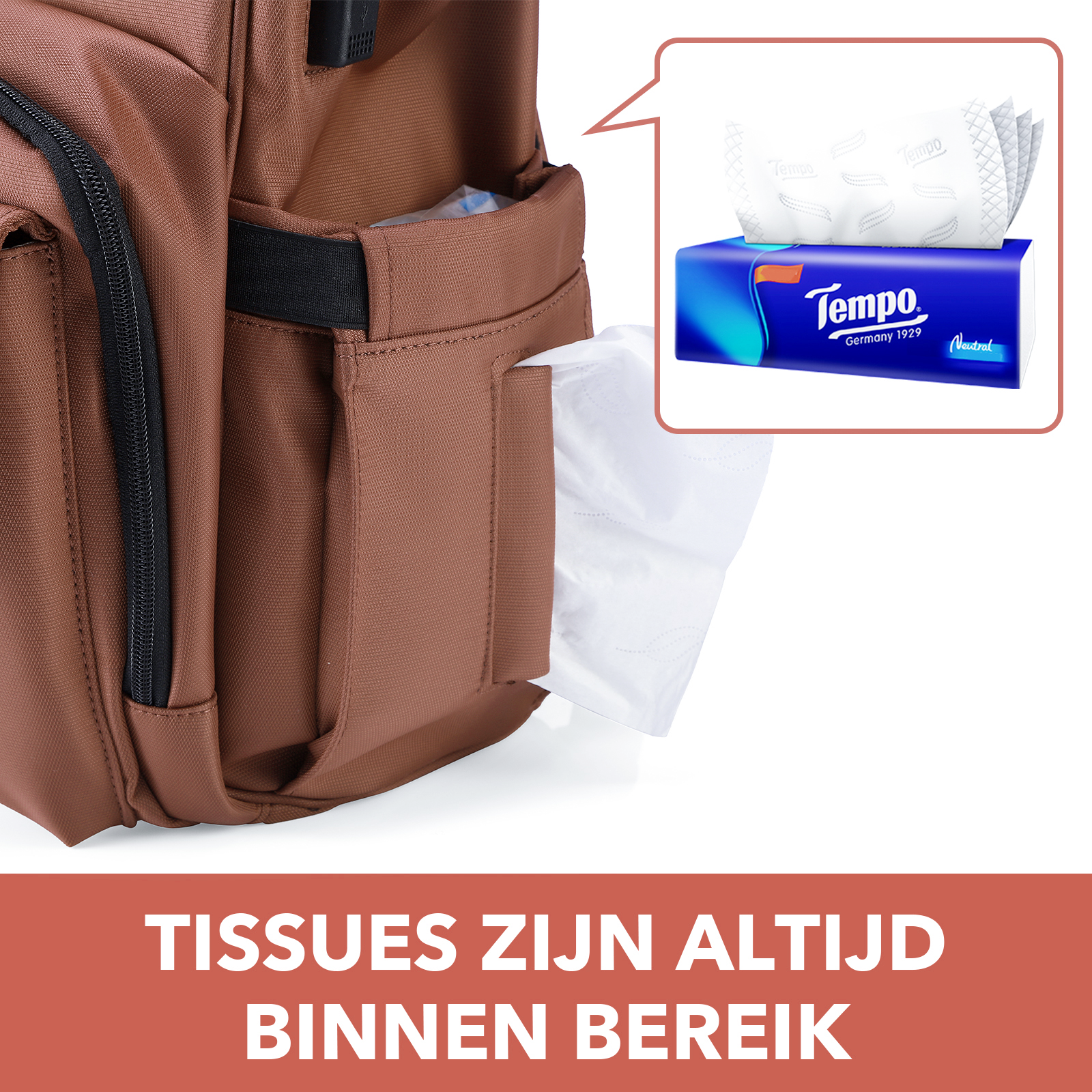 Stayopen luiertas roodbruin - Verzorgingstas - stay-open frame - USB oplaadfunctie - incl. buggymontage en verschoonmat
