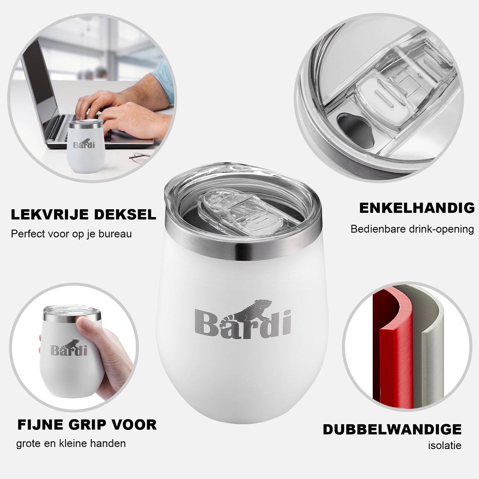 Bardi Thermosbekers 0,3L RVS wit set - incl. deksels - dubbelwandig