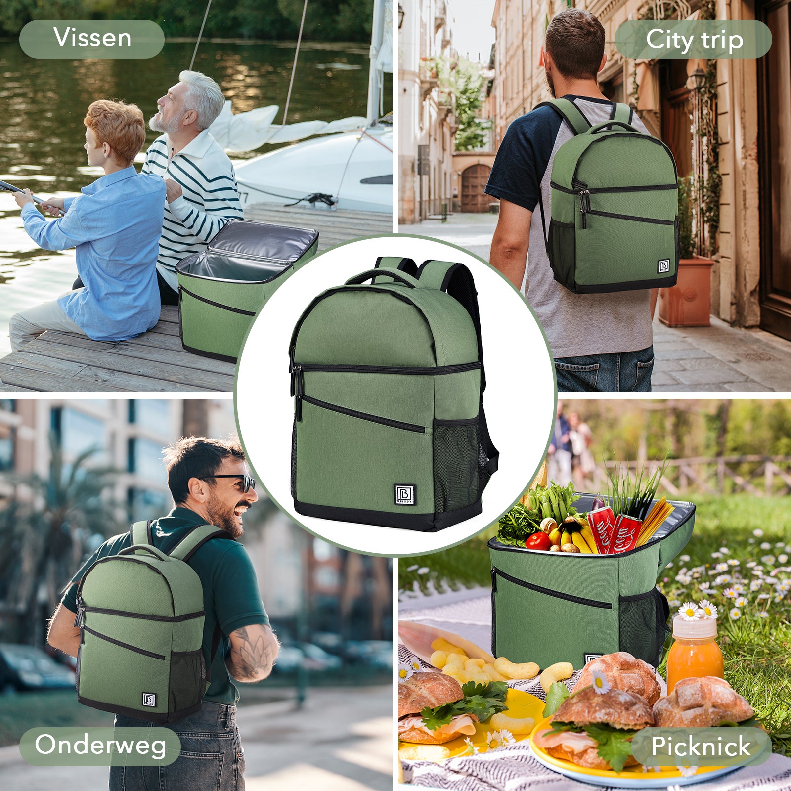 Koeltas 25L groen - rugzak - 4-laags geïsoleerd - waterafstotend - incl. 2 gratis koelelementen en bieropener