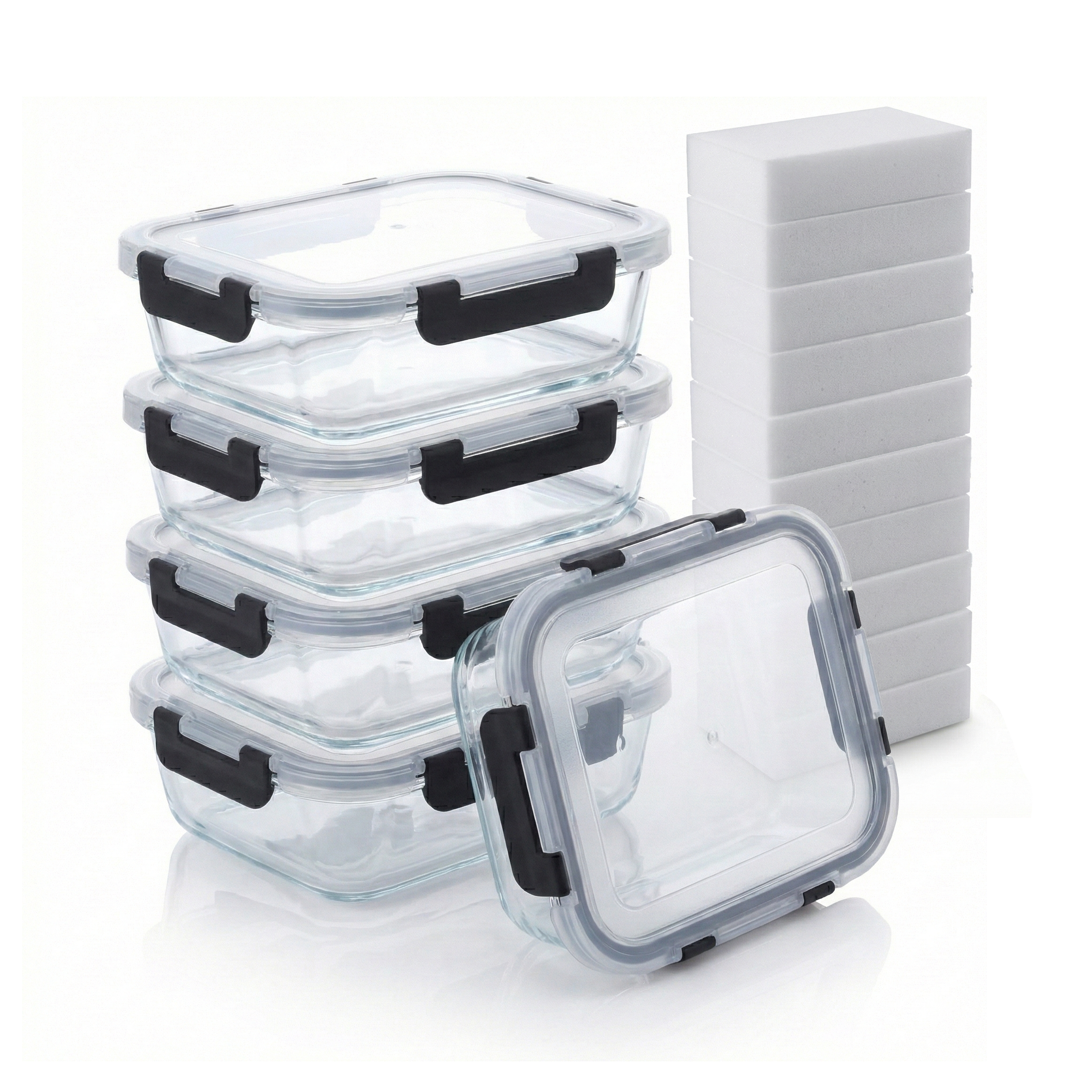 Bardi 5-delige set glazen vershoudbakjes 1060ml - oven- magnetron- en vriezerbestendig, incl. 10 wondersponsen