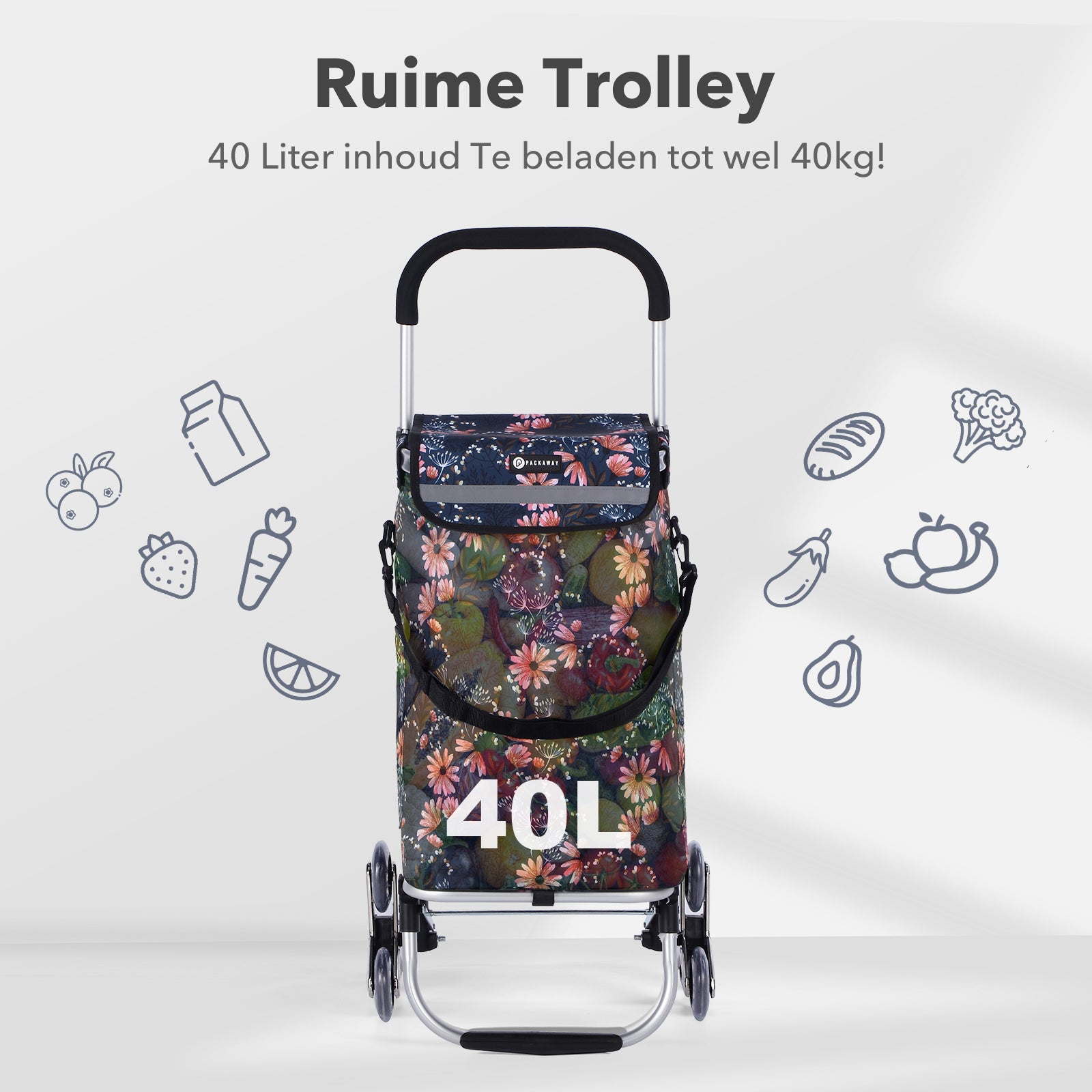 Packaway Boodschappentrolley met Trapwielen 40 Liter - Opvouwbare Boodschappenwagen met ruim Koelvak - Japanese Flower