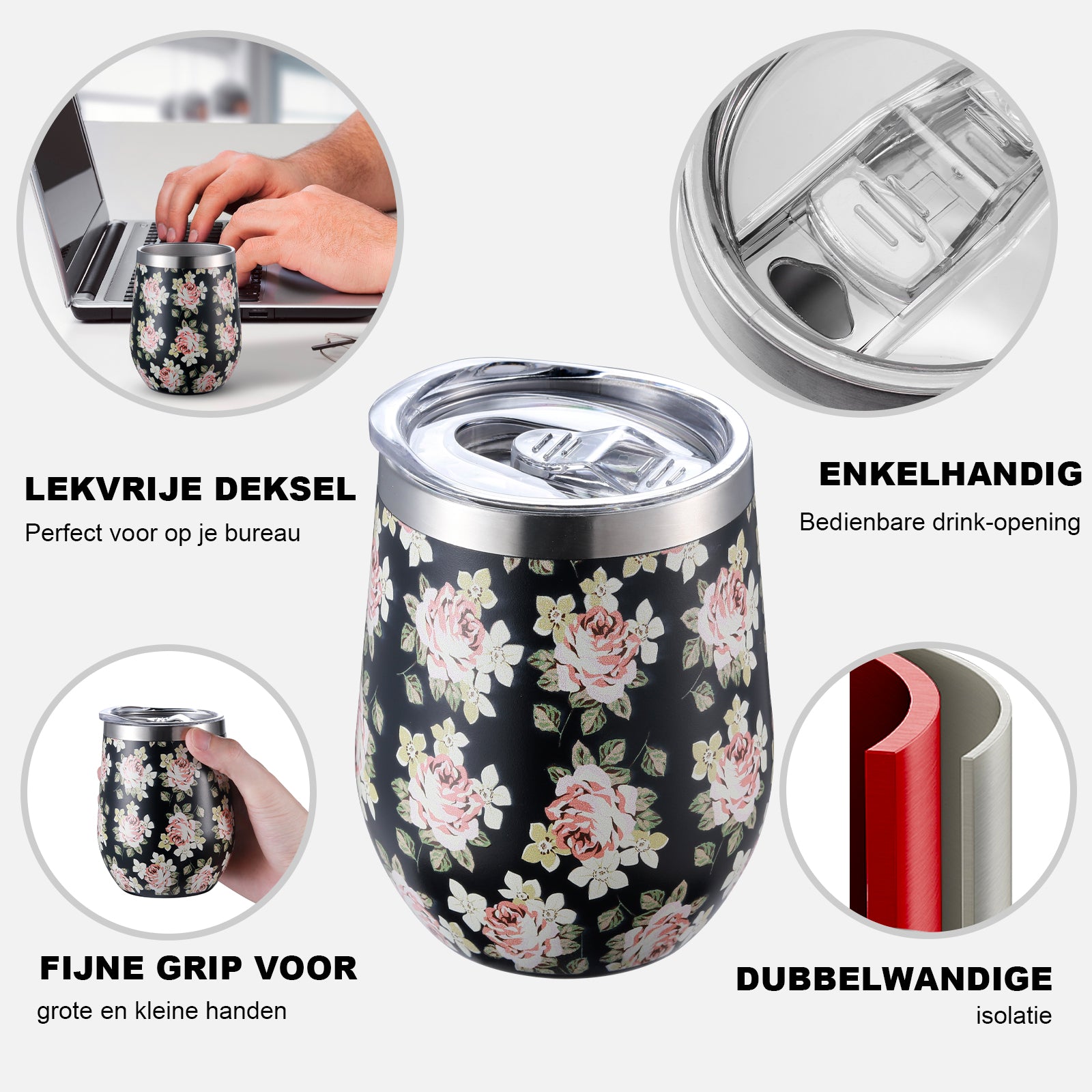 Bardi Thermosbekers 0,3L RVS black flower set - incl. deksels - dubbelwandig
