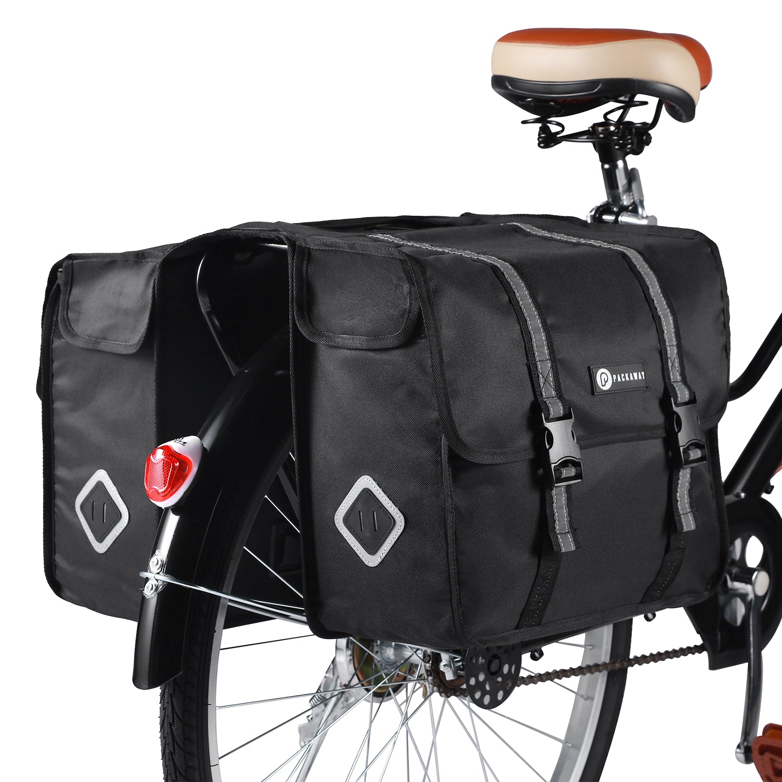 Packaway Double Panniers - Waterproof Panniers Electric Bike - Reflective - Black 36 Liters
