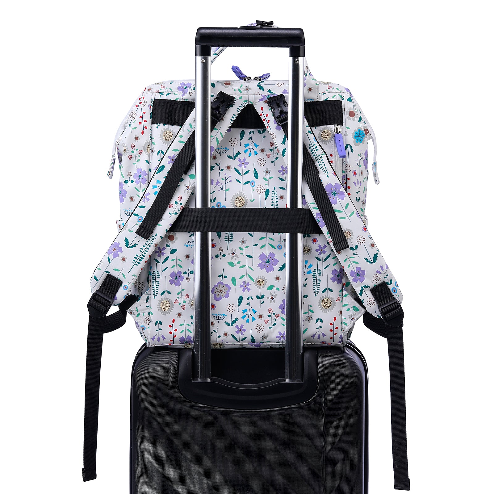 Stayopen luiertas purple flower - Verzorgingstas - stay-open frame - USB oplaadfunctie - incl. buggymontage en verschoonmat