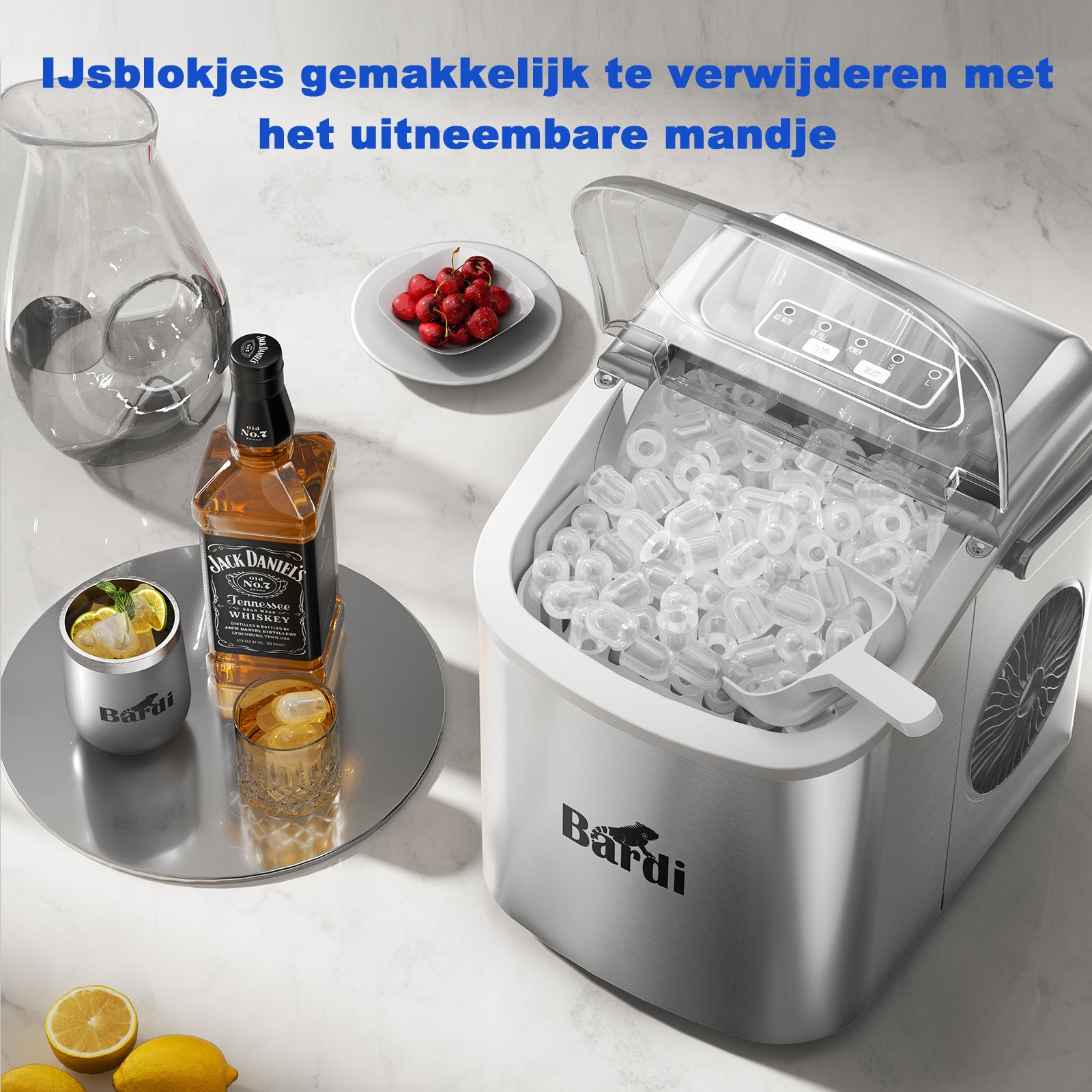 Bardi Deluxe Ice Cube Machine 1.2L Stainless Steel - Self-cleaning function - Ice cube maker with ice scoop - Incl. luxury thermos cup and ice scoop