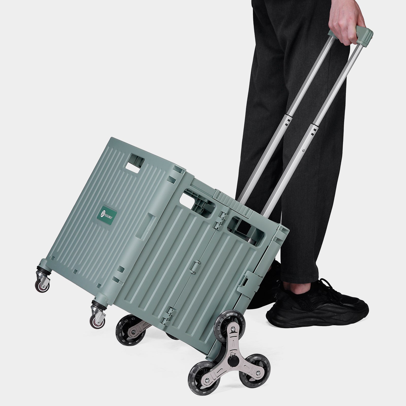 Shopping trolley 50L XL with green pedal wheels - shopping crate - 35 kg load capacity - with lid and telescopic handle